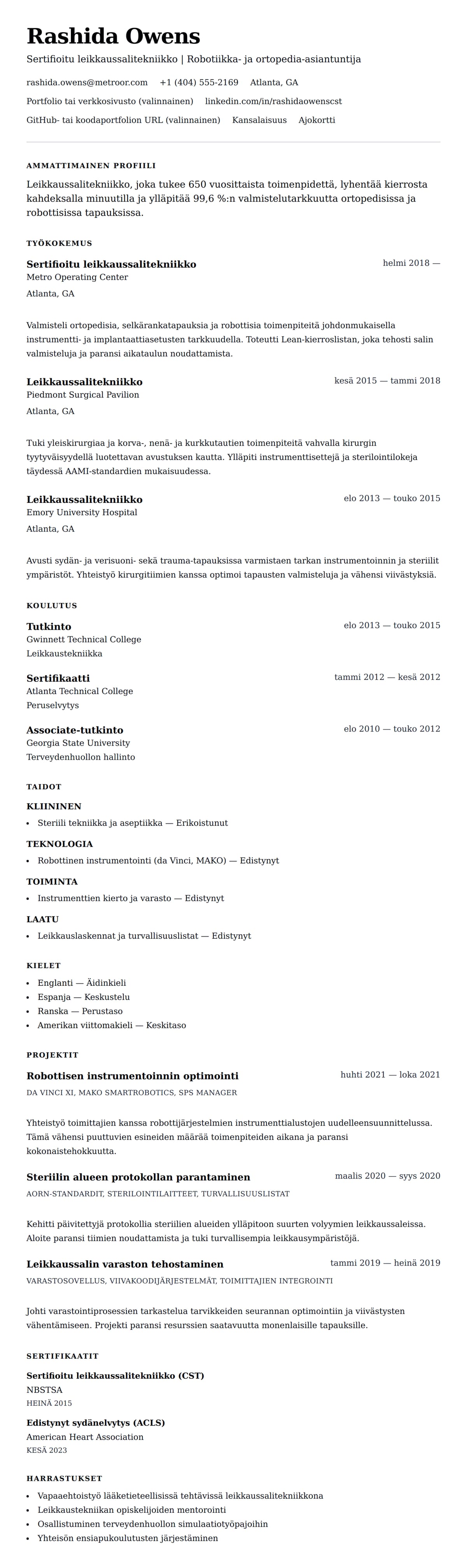 Ansioluetteloesikatselu kohteelle Leikkaussalitekniikan ansioluetteloesimerkki