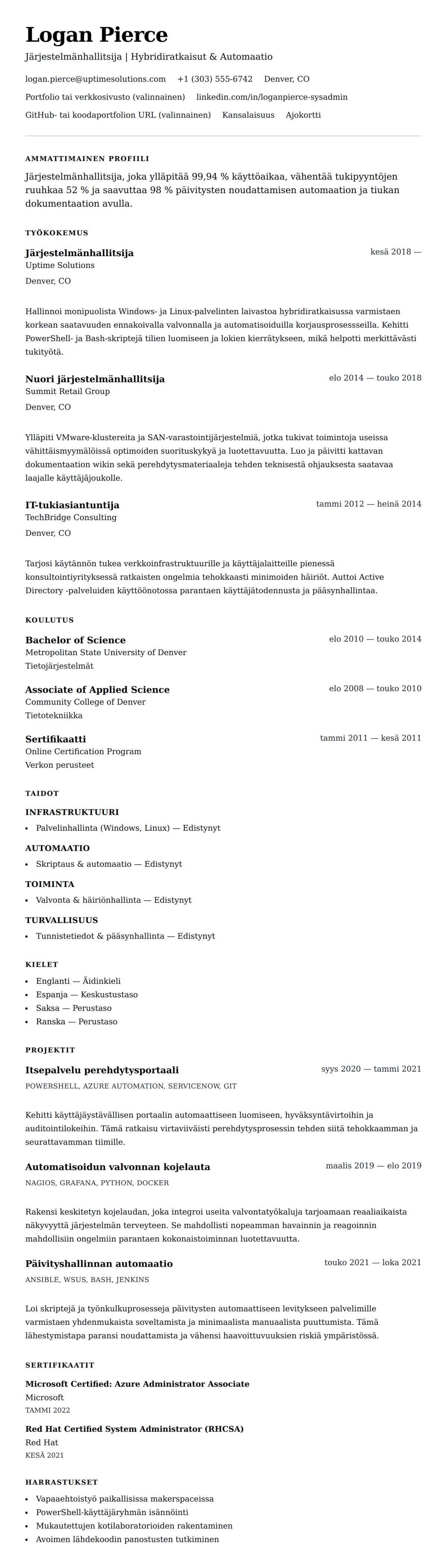 Ansioluetteloesikatselu kohteelle Järjestelmänhallitsijan CV-esimerkki