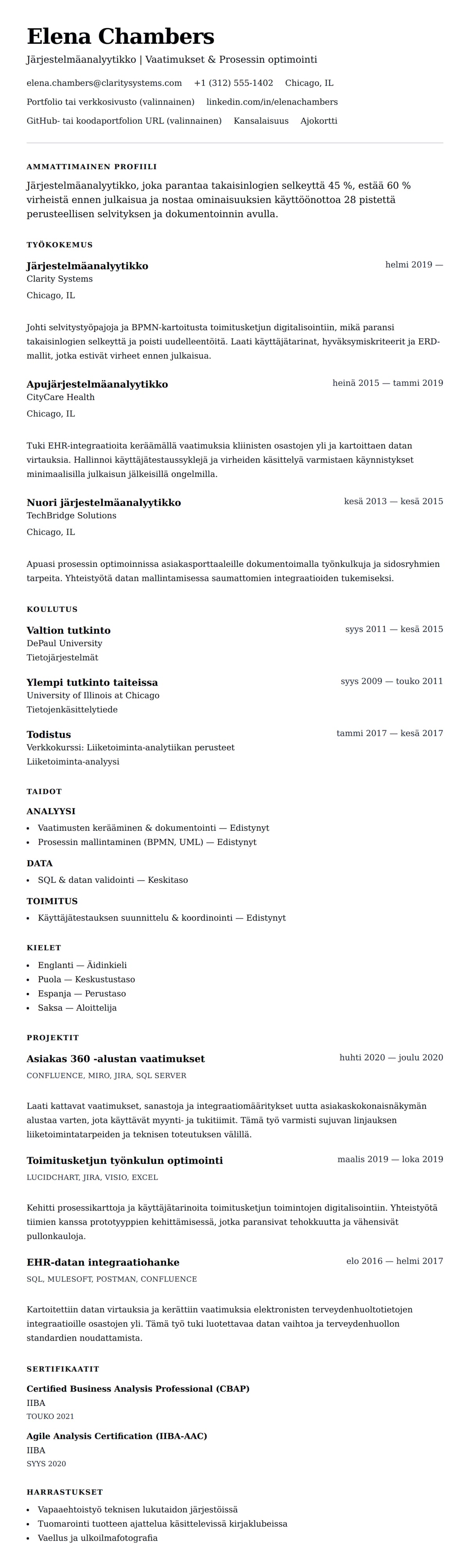 Ansioluetteloesikatselu kohteelle Järjestelmäanalyytikolle tarkoitettu ansioluetteloesimerkki
