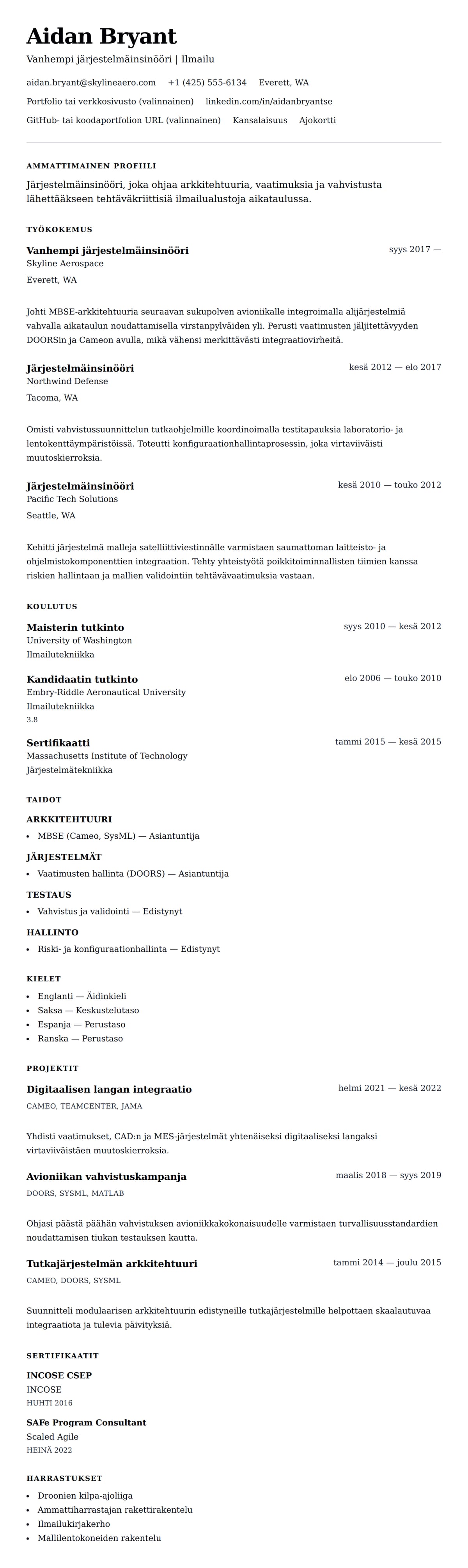 Ansioluetteloesikatselu kohteelle Järjestelmäinsinöörin ansioluetteloesimerkki