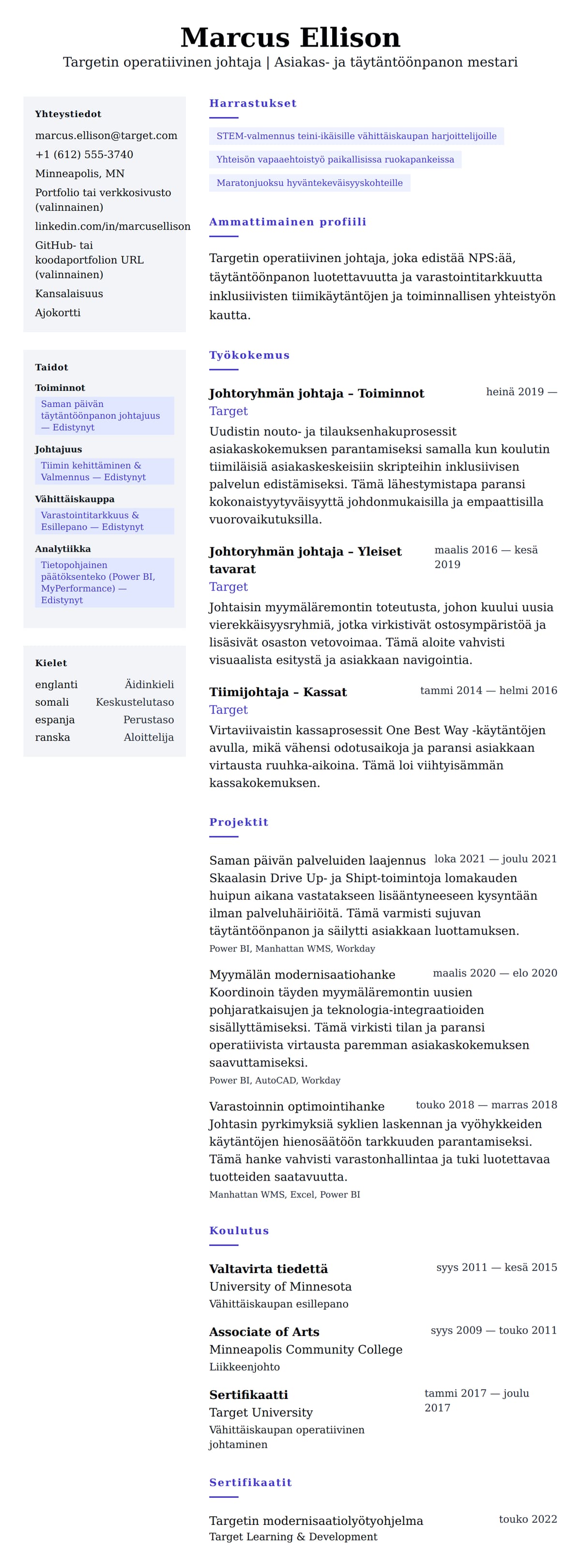 Ansioluetteloesikatselu kohteelle Targetin operatiivisen johtajan ansioluetteloesimerkki