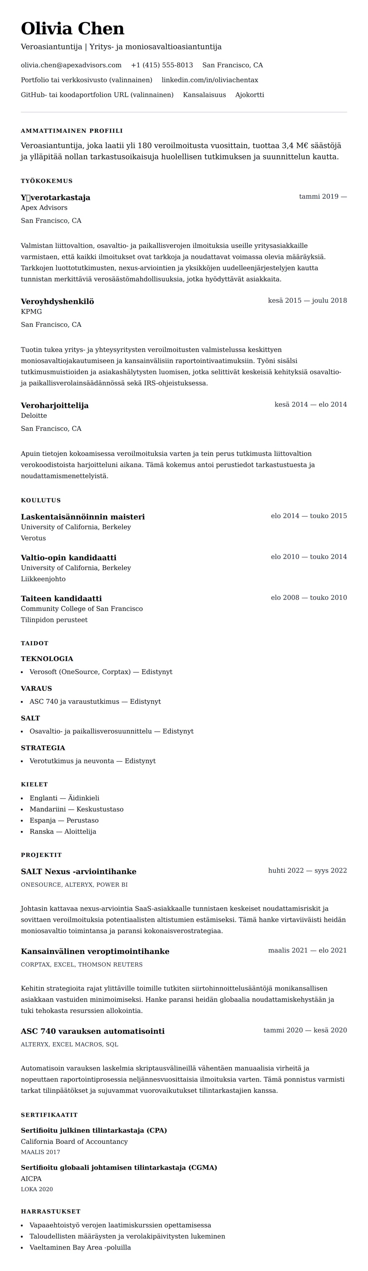 Ansioluetteloesikatselu kohteelle Veroasiantuntijan ansioluetteloesimerkki