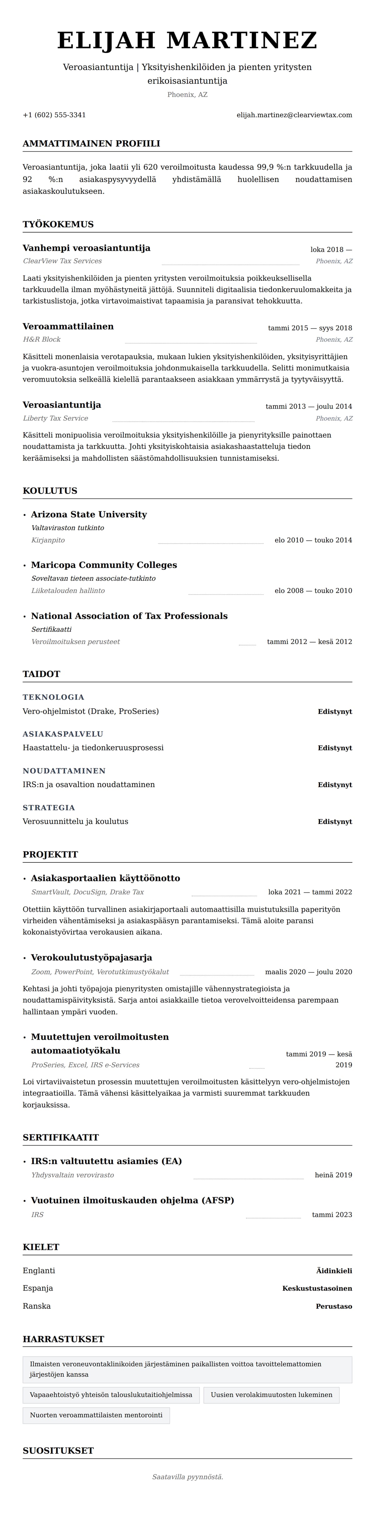 Ansioluetteloesikatselu kohteelle Veroasiantuntijan CV-esimerkki