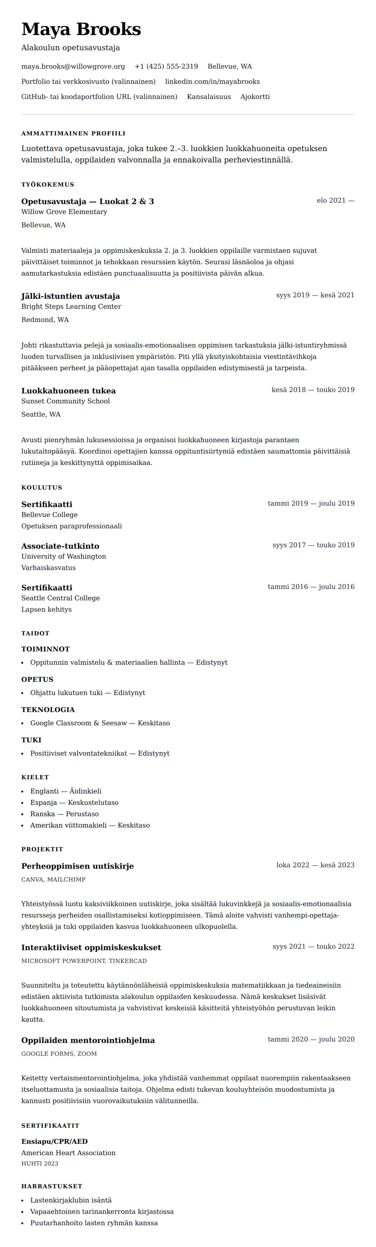 Ansioluetteloesikatselu kohteelle Opetusavustajan CV-esimerkki