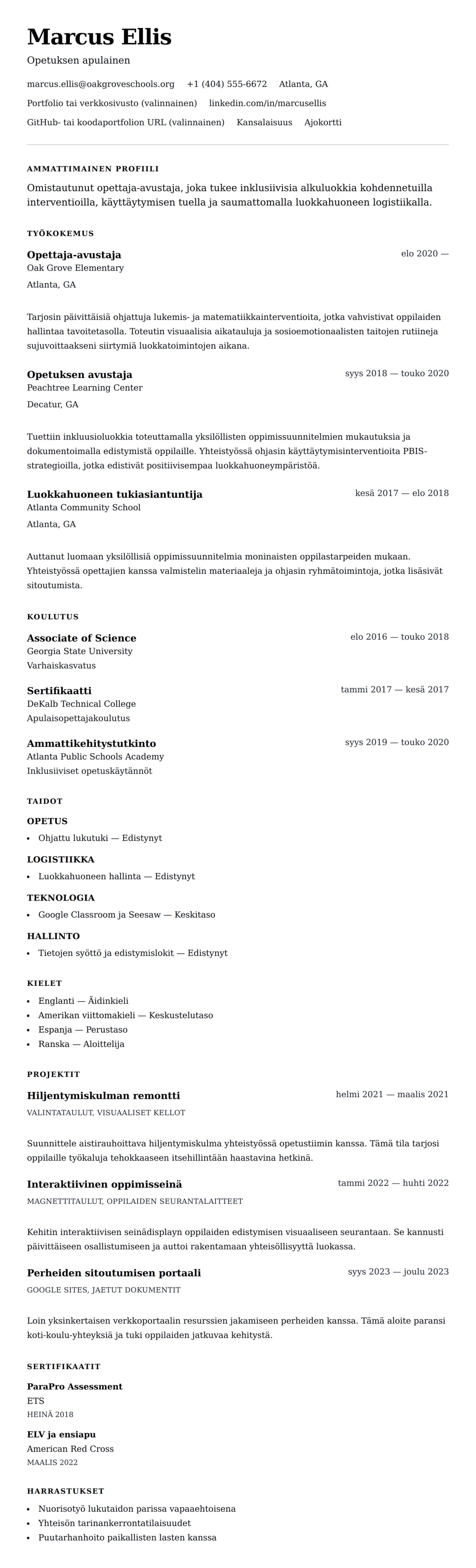 Ansioluetteloesikatselu kohteelle Opettaja-avustajan ansioluetteloesimerkki