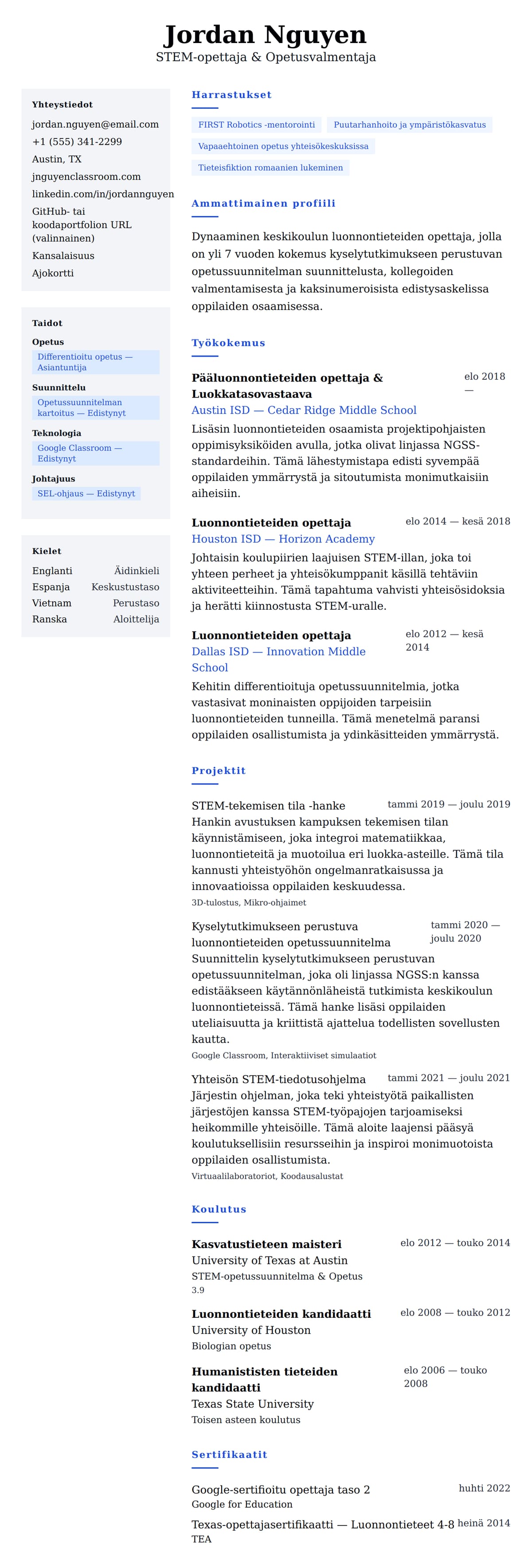 Ansioluetteloesikatselu kohteelle Opettajan ansioluettelo-esimerkki