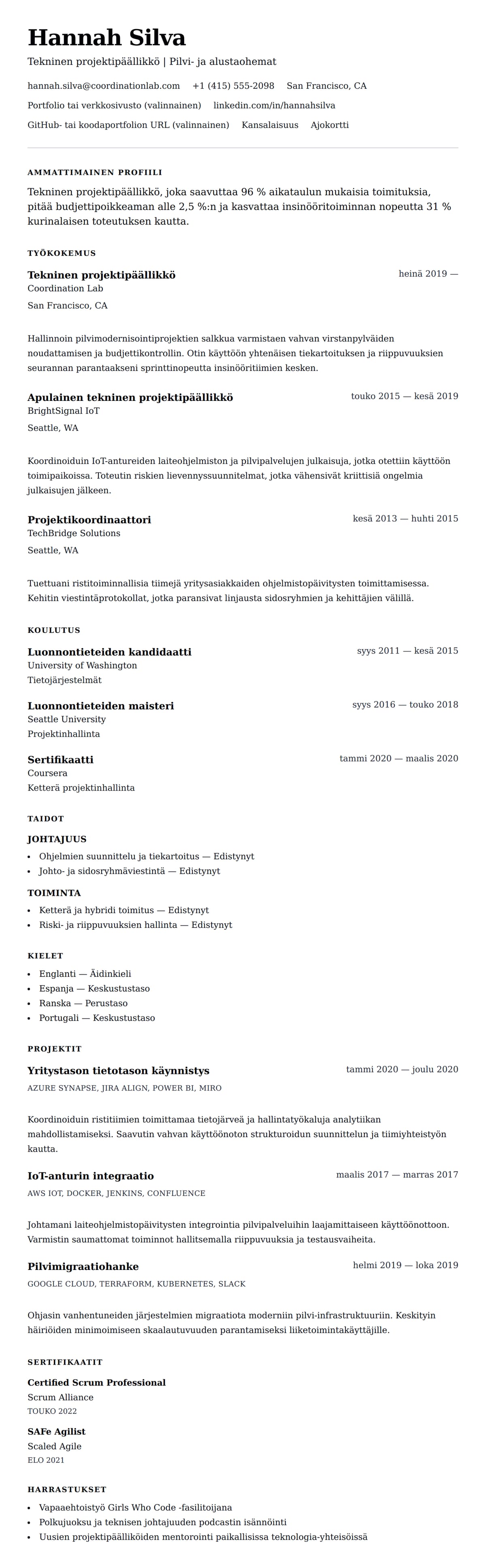 Ansioluetteloesikatselu kohteelle Tekninen projektipäällikkö CV-esimerkki