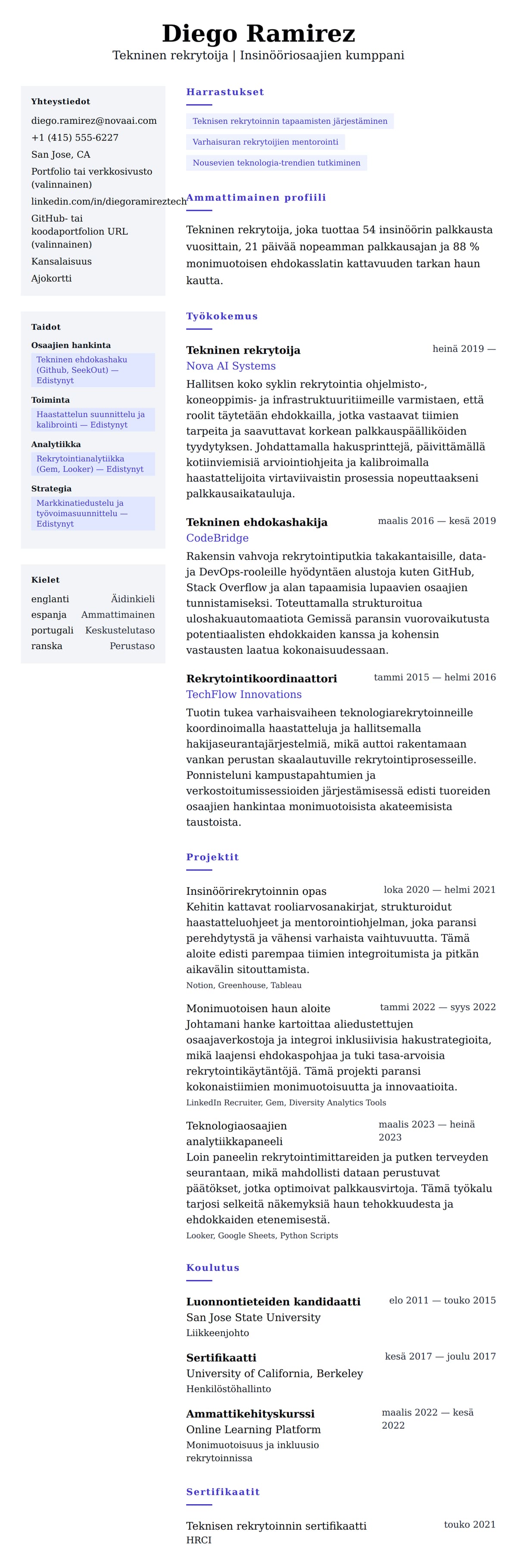 Ansioluetteloesikatselu kohteelle Tekninen rekrytoija CV-esimerkki