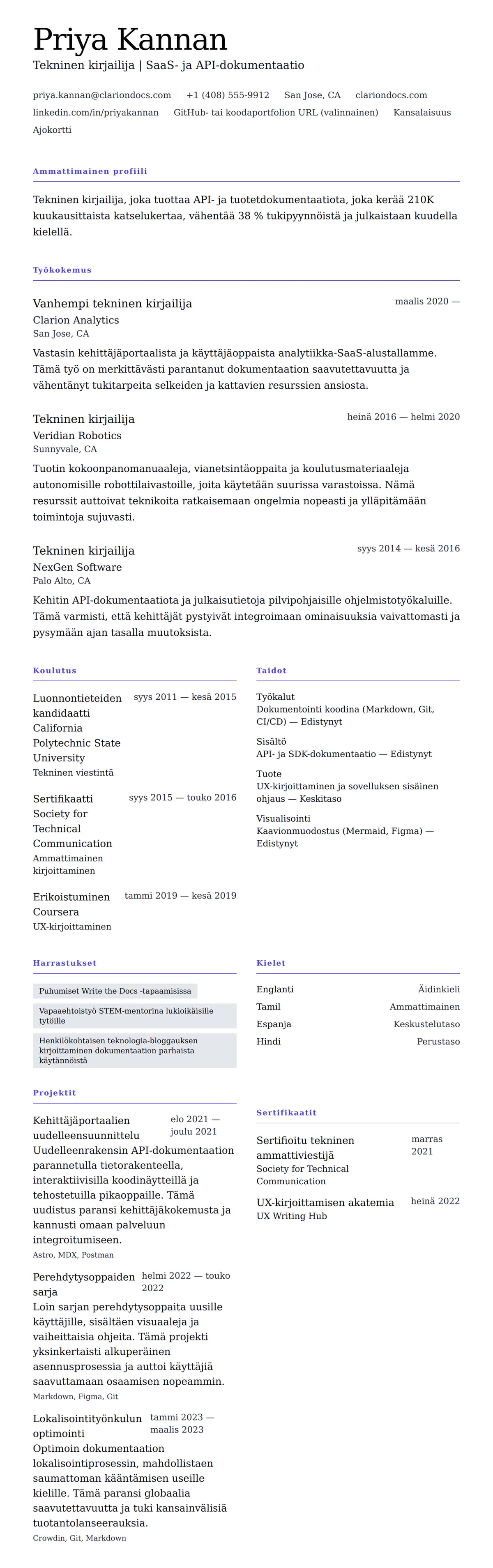 Ansioluetteloesikatselu kohteelle Teknisen kirjailijan CV-esimerkki