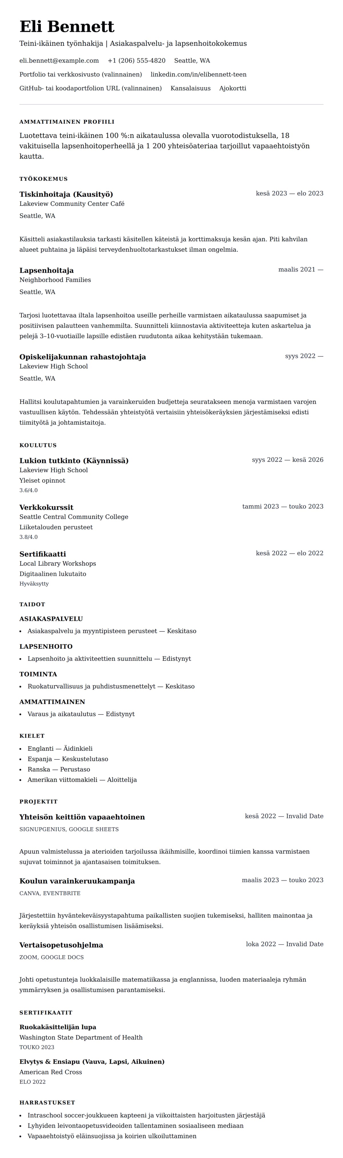 Ansioluetteloesikatselu kohteelle Teini-ikäisen työnhakijan CV-esimerkki