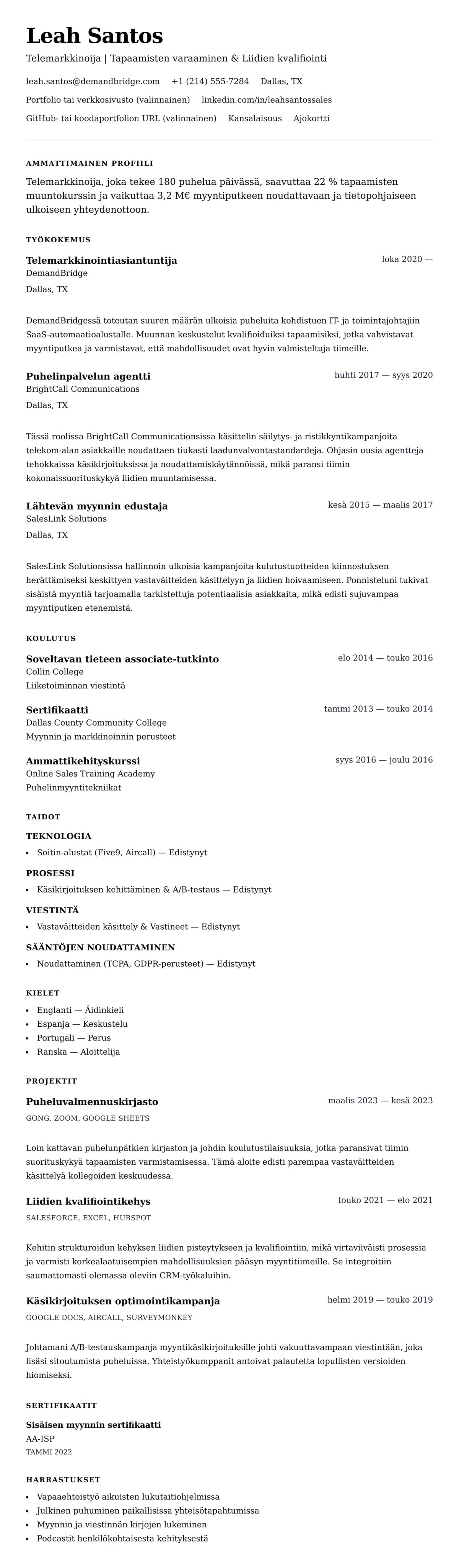 Ansioluetteloesikatselu kohteelle Telemarkkinoijan ansioluettelon esimerkki