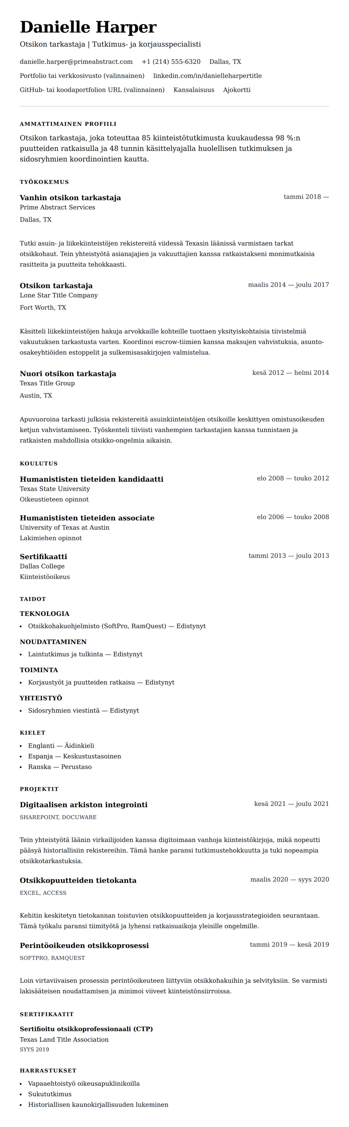 Ansioluetteloesikatselu kohteelle Otsikon tarkastajan ansioluetteloesimerkki