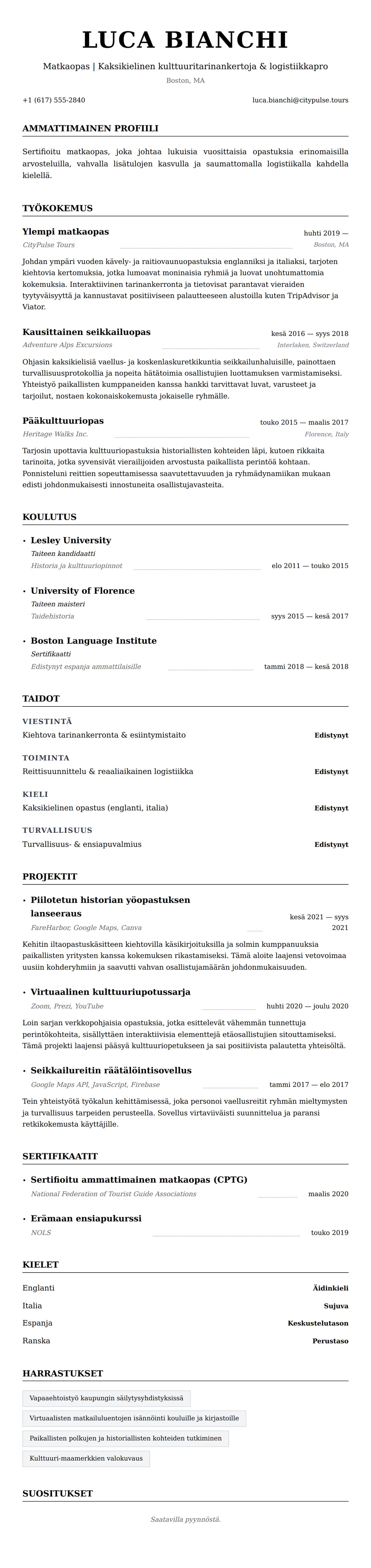 Ansioluetteloesikatselu kohteelle Matkaopas CV-esimerkki