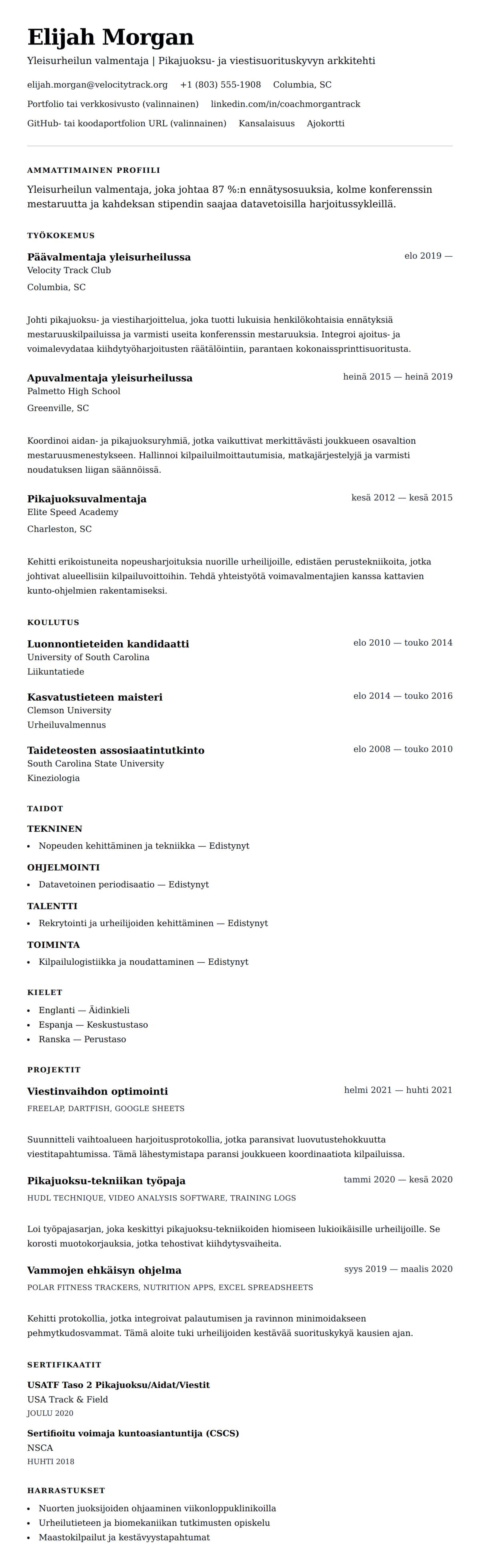 Ansioluetteloesikatselu kohteelle Yleisurheilun valmentajan ansioluettelon esimerkki