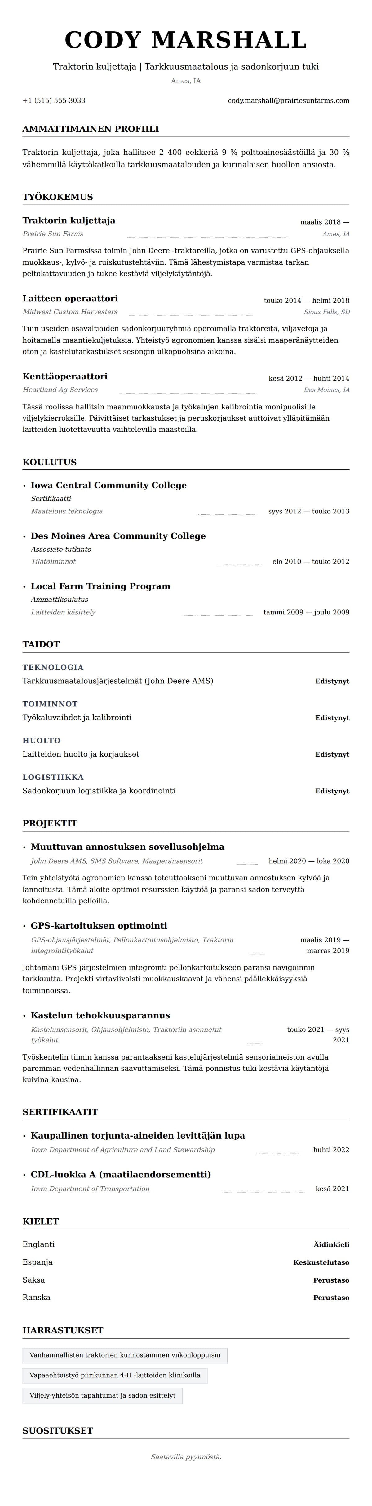 Ansioluetteloesikatselu kohteelle Traktorin kuljettajan CV-esimerkki