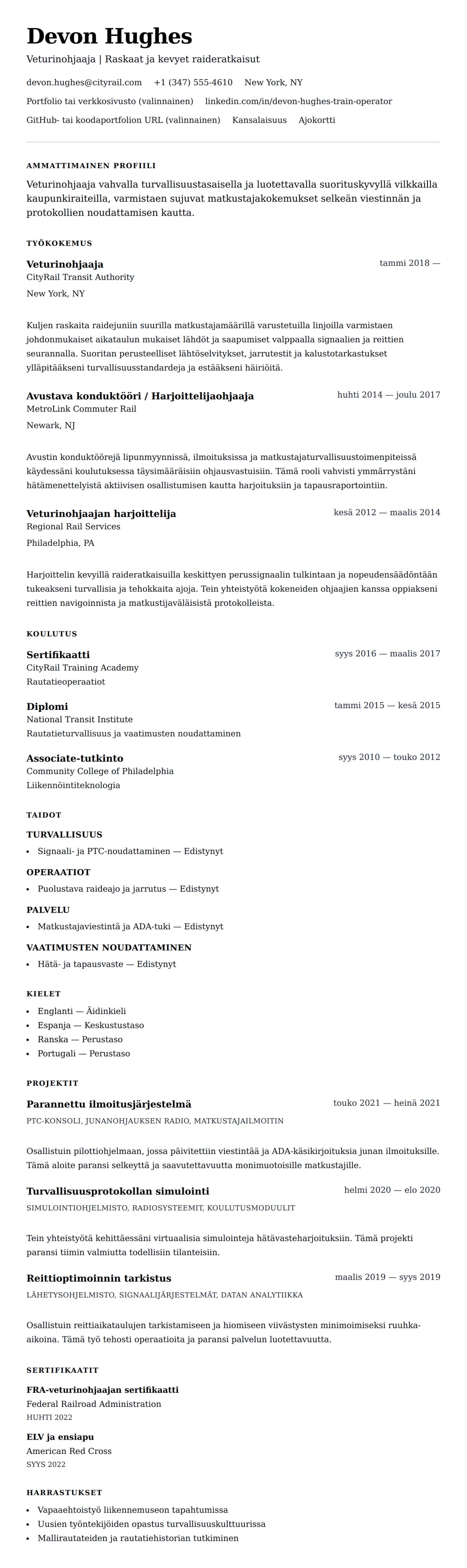 Ansioluetteloesikatselu kohteelle Veturinohjaajan ansioluetteloesimerkki