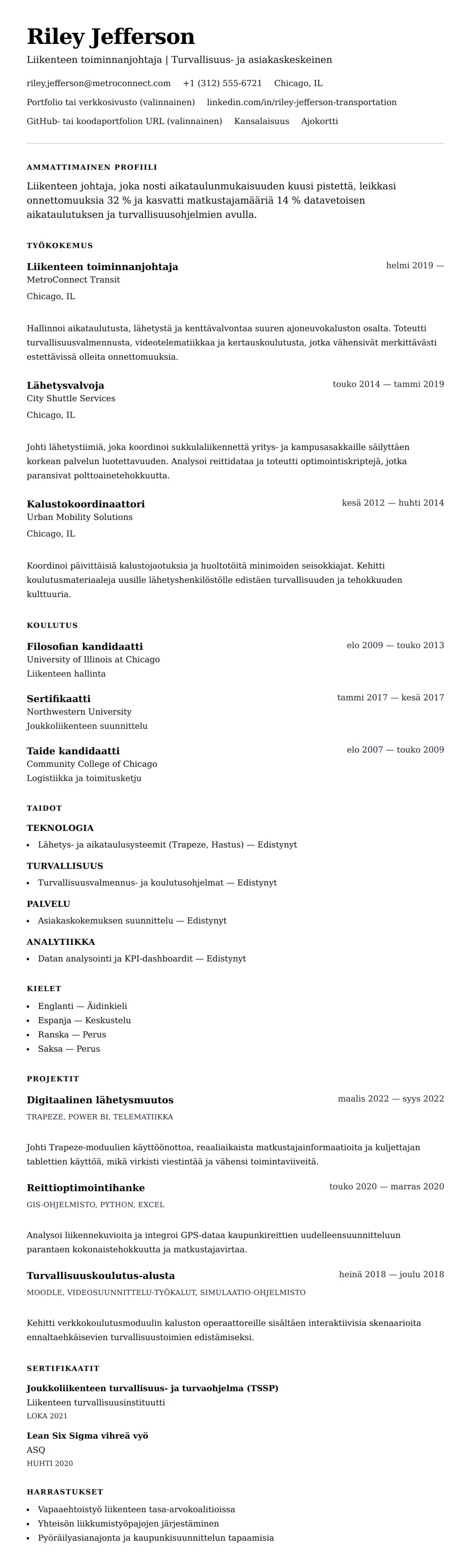 Ansioluetteloesikatselu kohteelle Liikenteen ammattilaisen ansioluetteloesimerkki