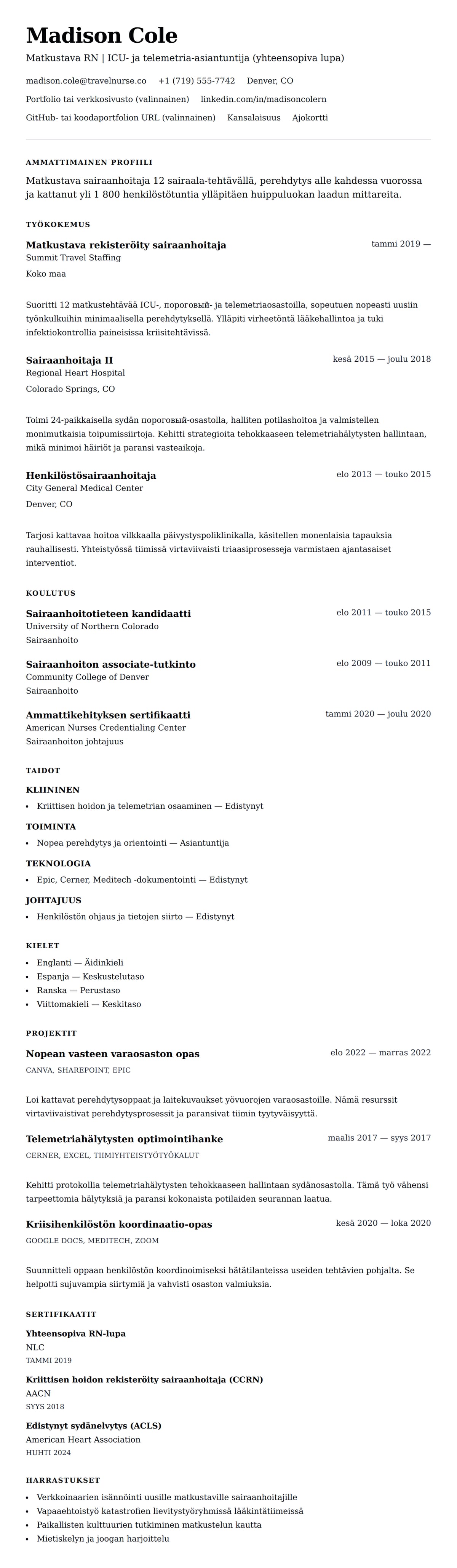 Ansioluetteloesikatselu kohteelle Matkustavan sairaanhoitajan ansioluettelo-esimerkki