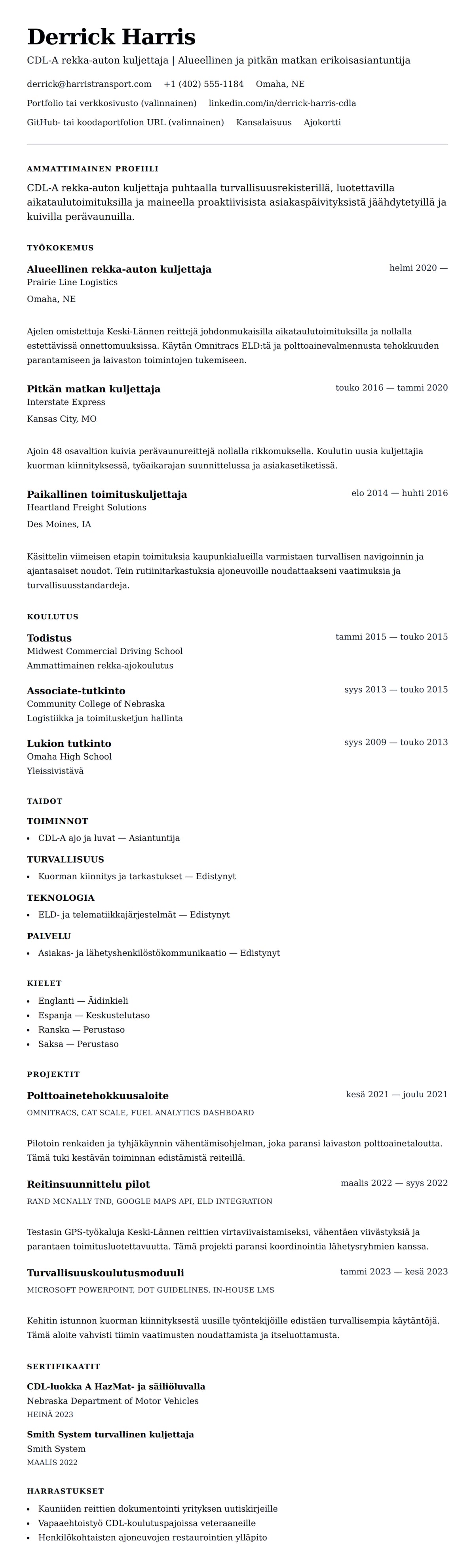 Ansioluetteloesikatselu kohteelle Rekka-auton kuljettajan ansioluetteloesimerkki