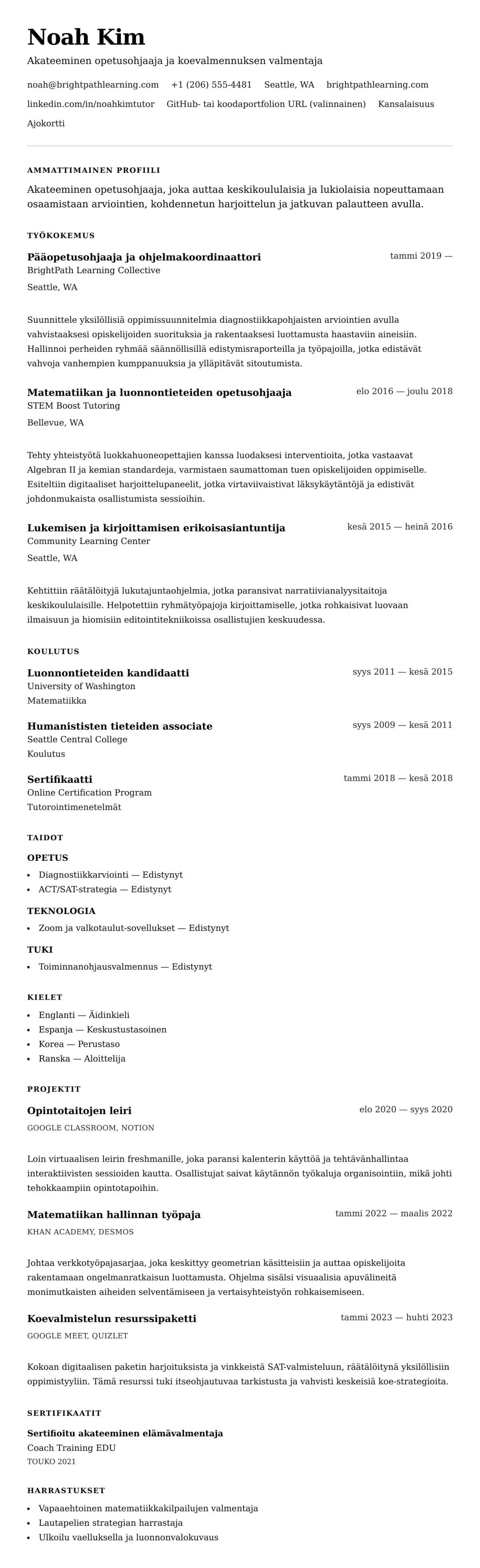 Ansioluetteloesikatselu kohteelle Opetusohjaajan ansioluetteloesimerkki