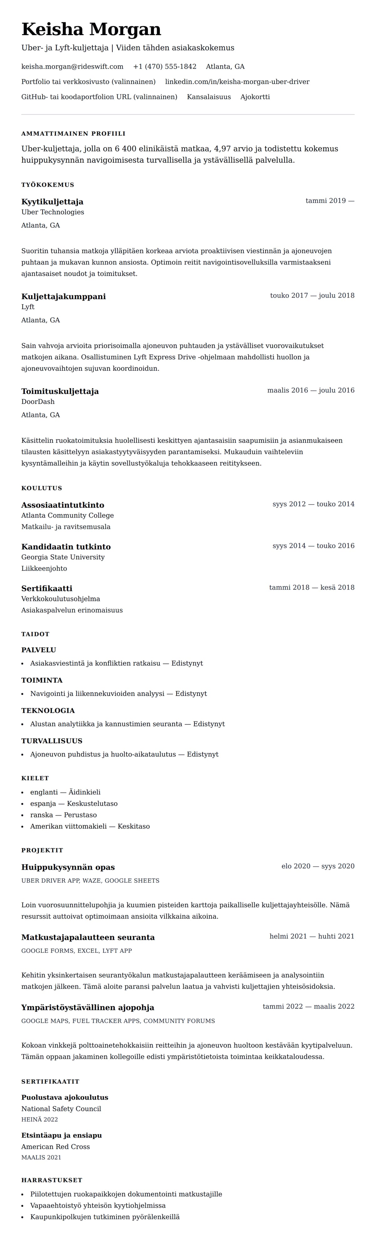 Ansioluetteloesikatselu kohteelle Uber-kuljettajan ansioluettelo-esimerkki