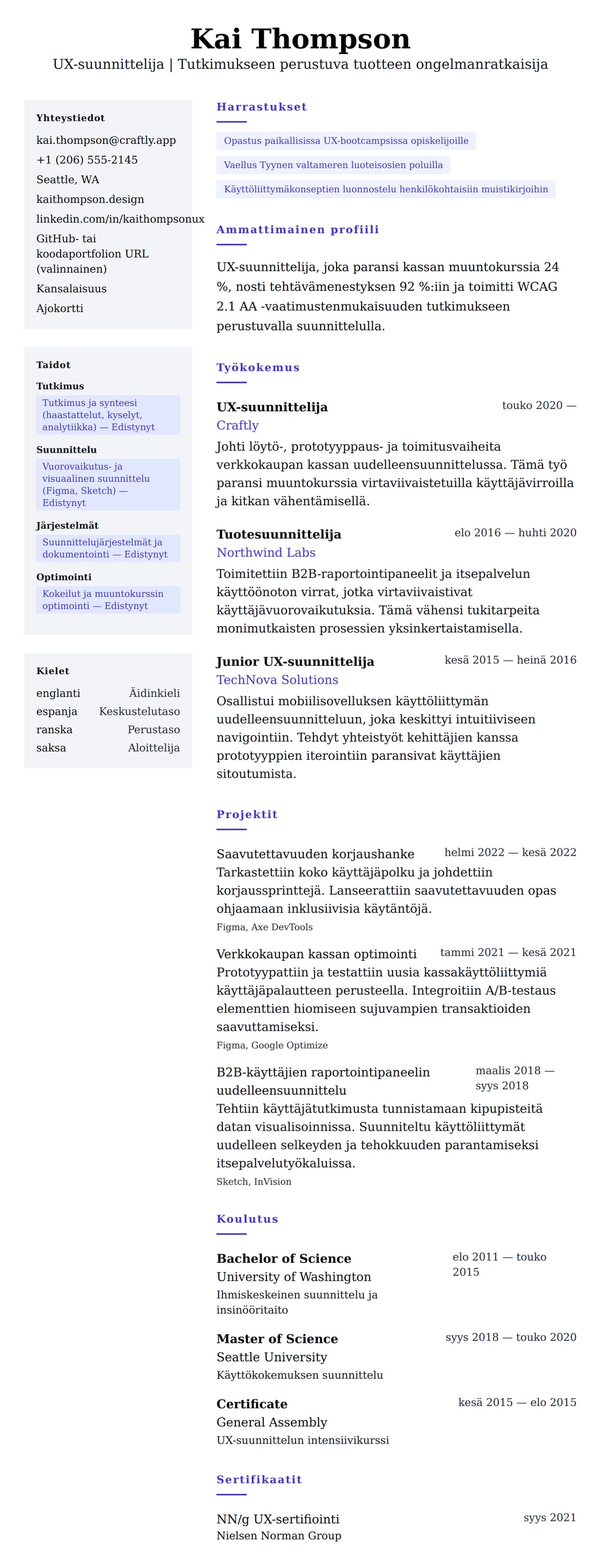Ansioluetteloesikatselu kohteelle UX-suunnittelijan ansioluetteloesimerkki