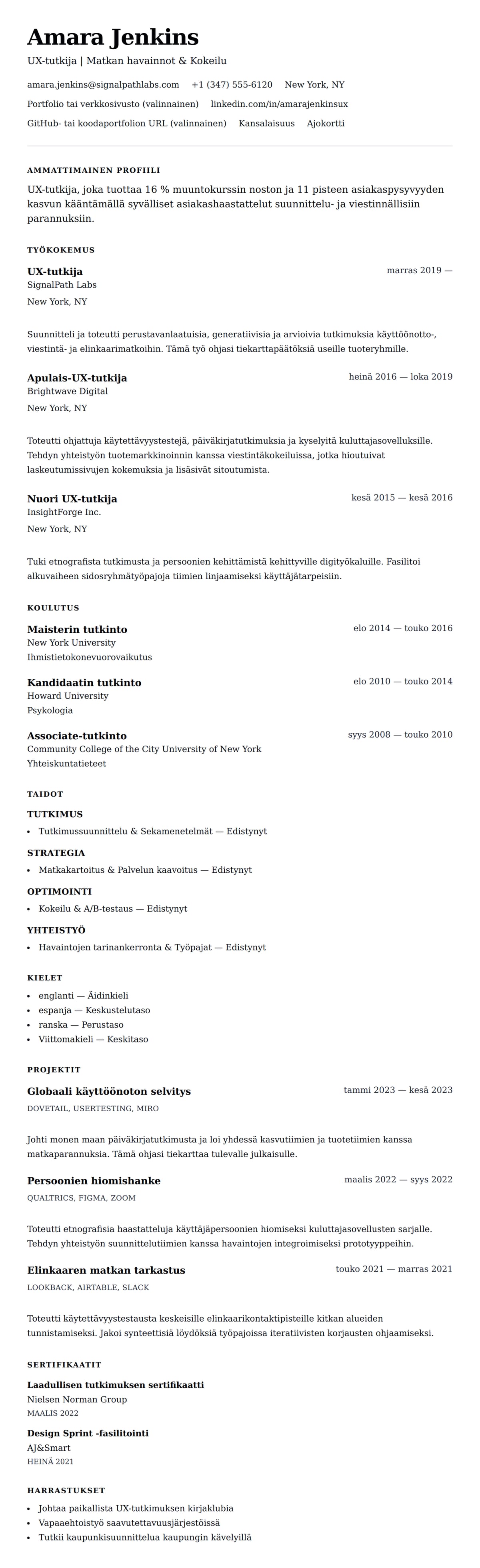 Ansioluetteloesikatselu kohteelle UX-tutkijan ansioluetteloesimerkki