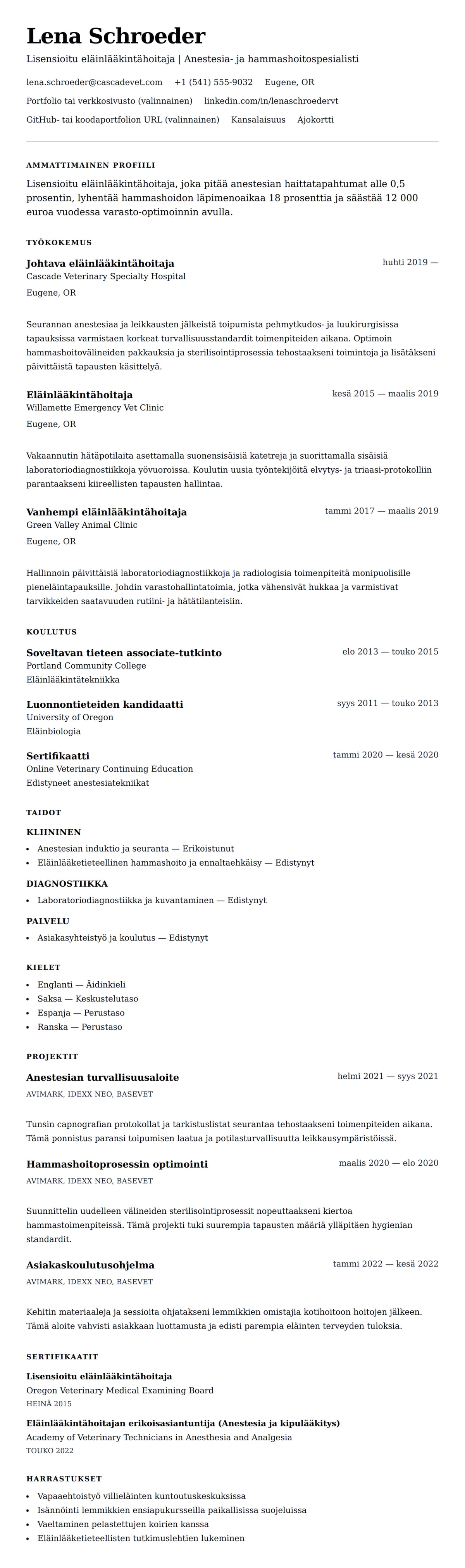 Ansioluetteloesikatselu kohteelle Eläinlääkintähoitajan ansioluettelomalli