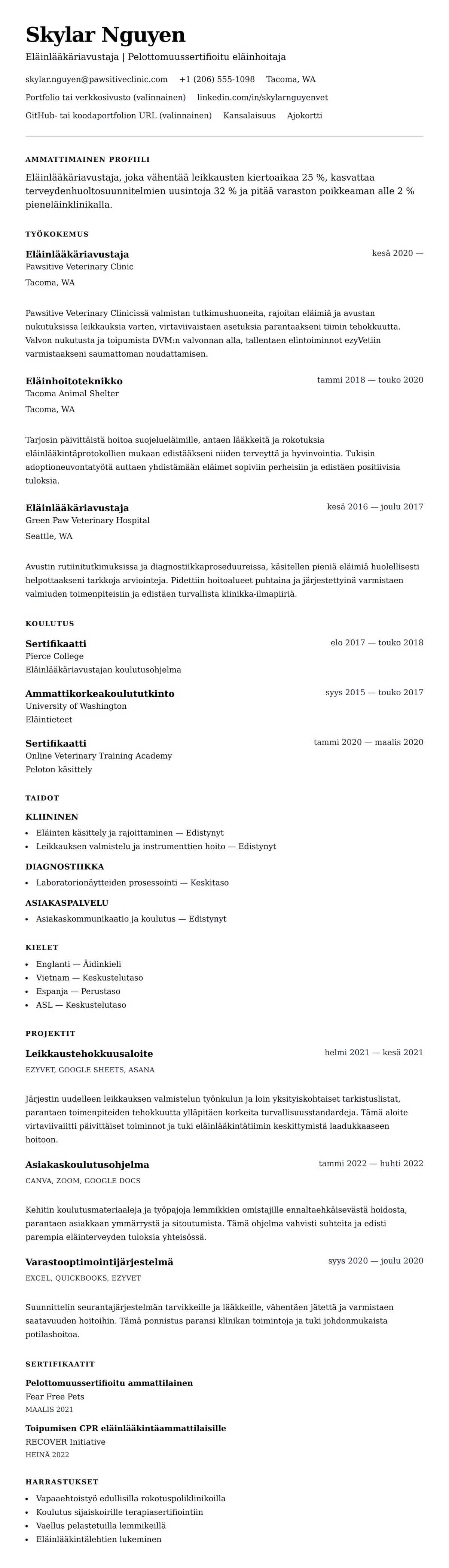 Ansioluetteloesikatselu kohteelle Eläinlääkäriavustajan ansioluetteloesimerkki