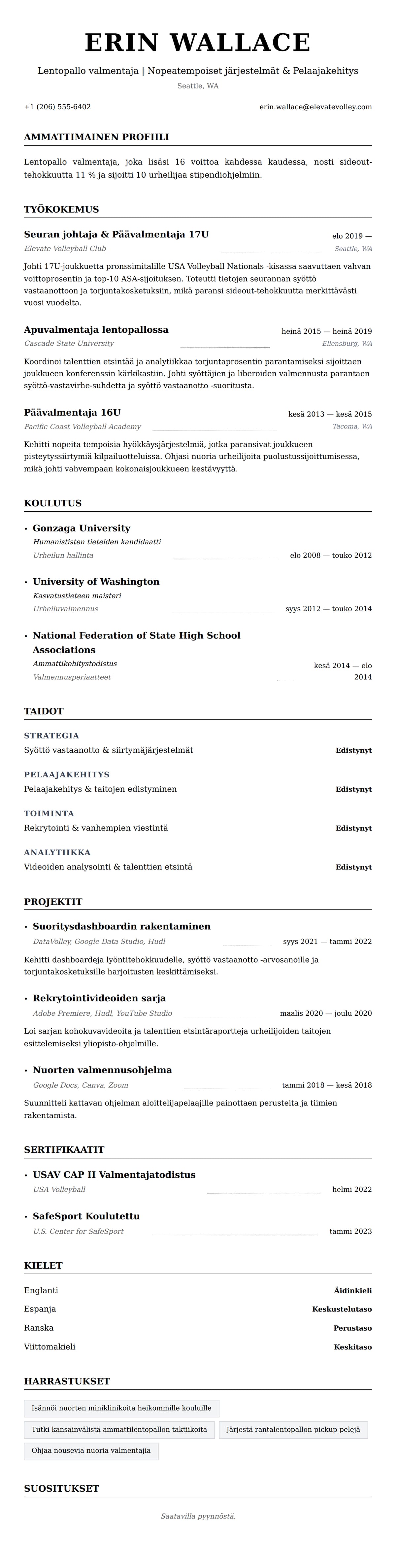 Ansioluetteloesikatselu kohteelle Lentopallo valmentajan ansioluettelo esimerkki