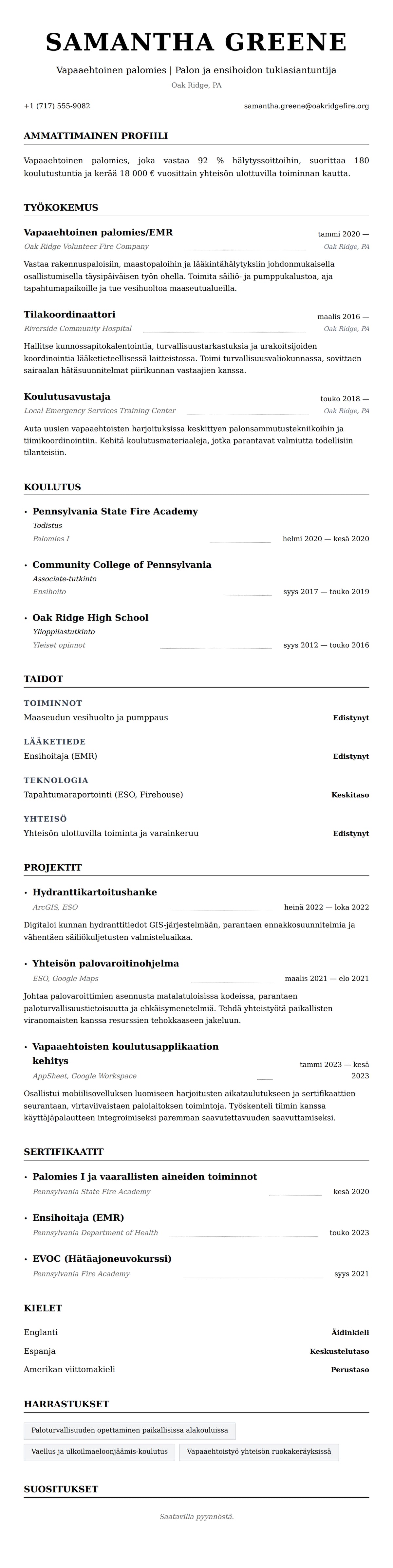 Ansioluetteloesikatselu kohteelle Vapaaehtoisen palomiehen CV-esimerkki