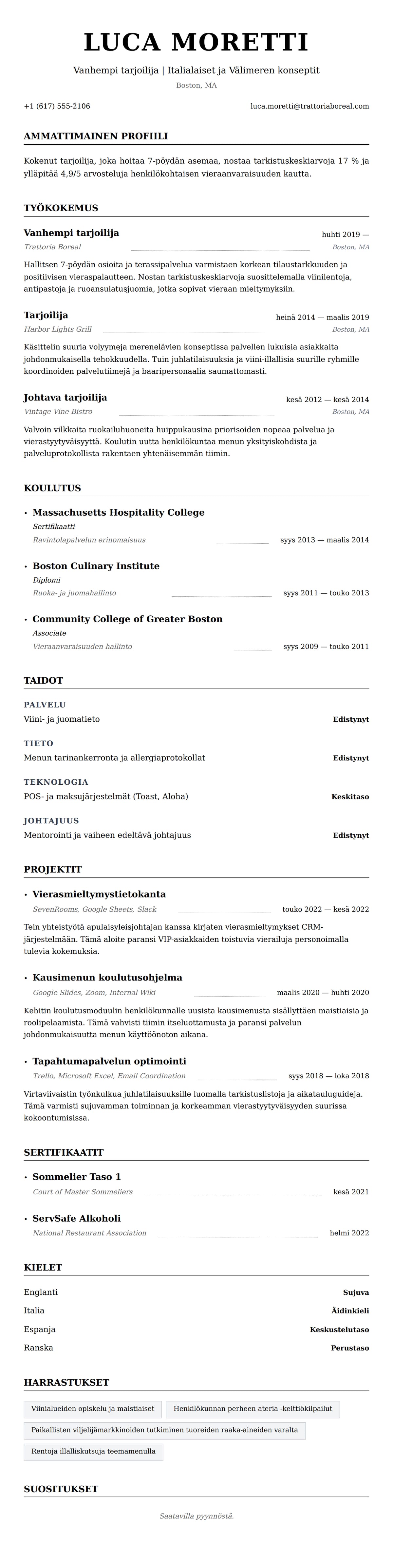 Ansioluetteloesikatselu kohteelle Tarjoilijan ansioluettelo-esimerkki