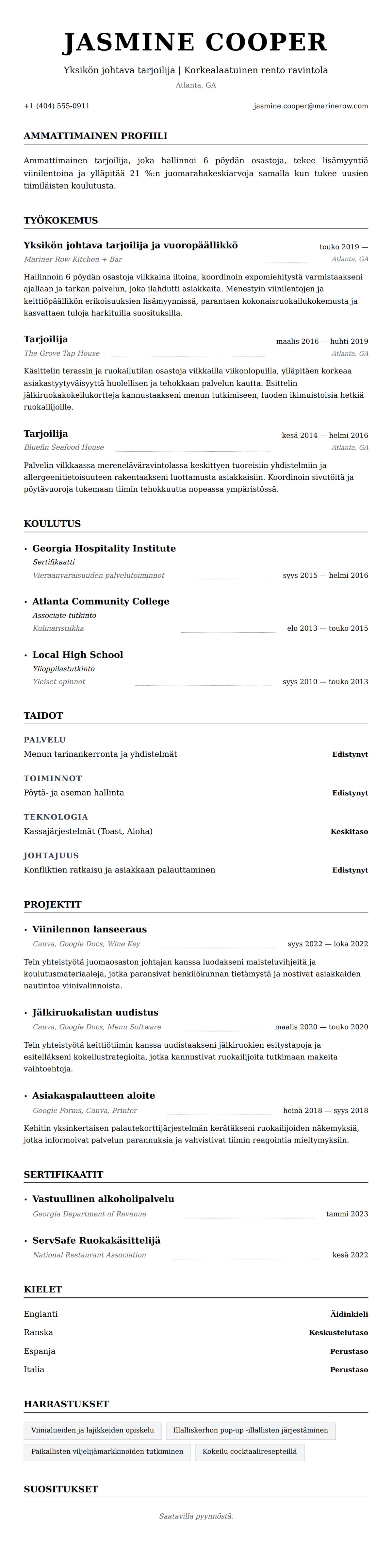 Ansioluetteloesikatselu kohteelle Tarjoilijan ansioluetteloesimerkki