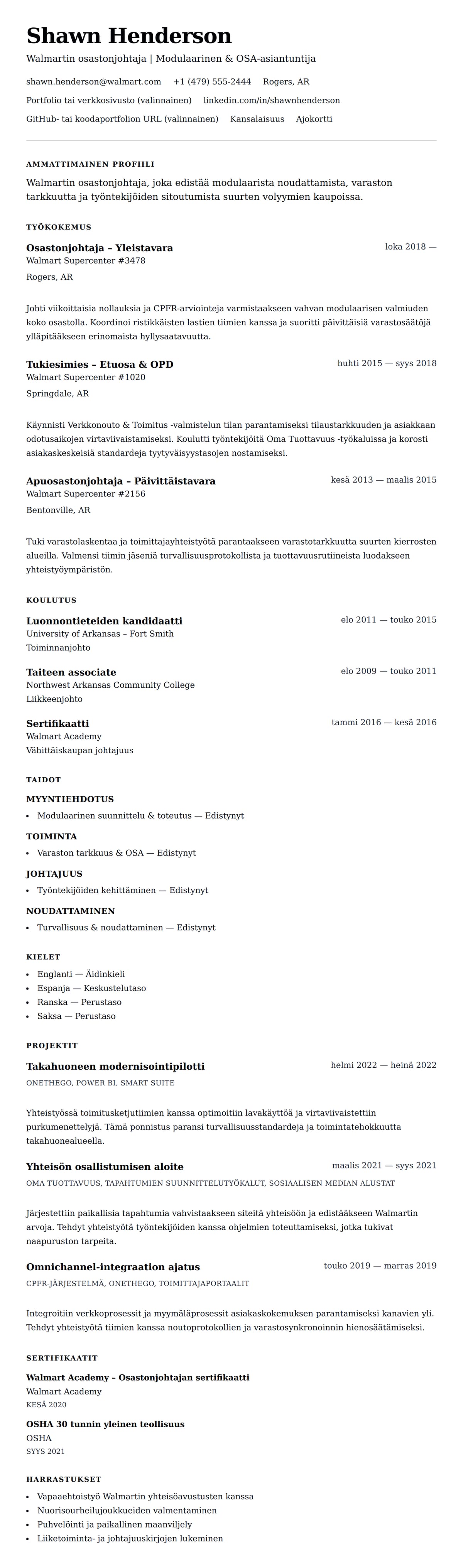 Ansioluetteloesikatselu kohteelle Walmartin osastonjohtajan ansioluetteloesimerkki