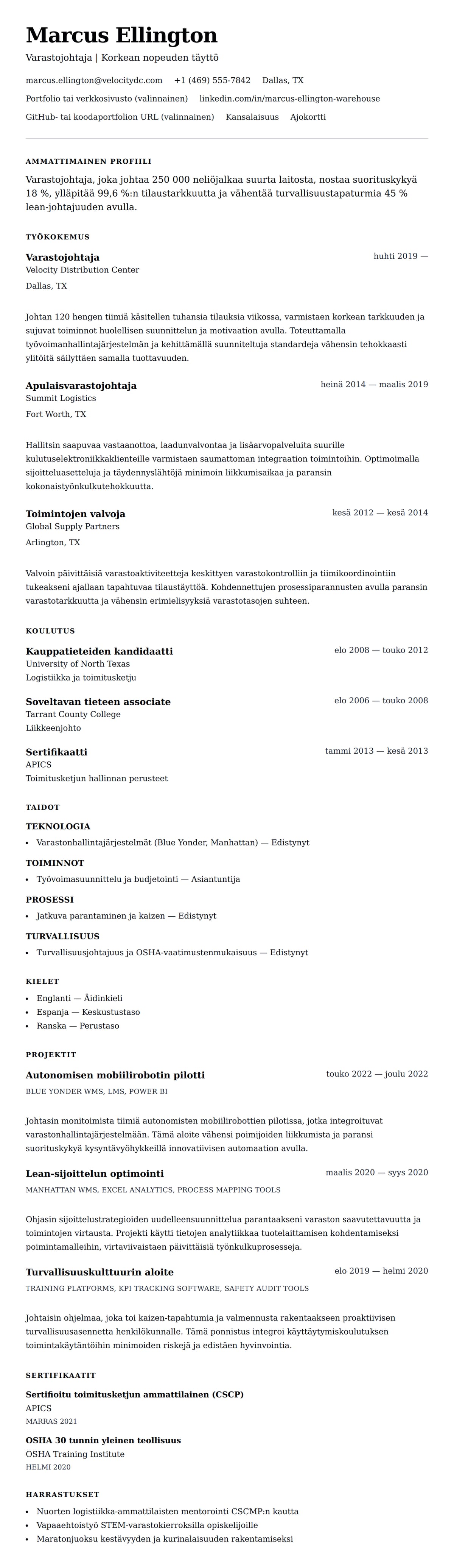 Ansioluetteloesikatselu kohteelle Varastojohtajan ansioluetteloesimerkki