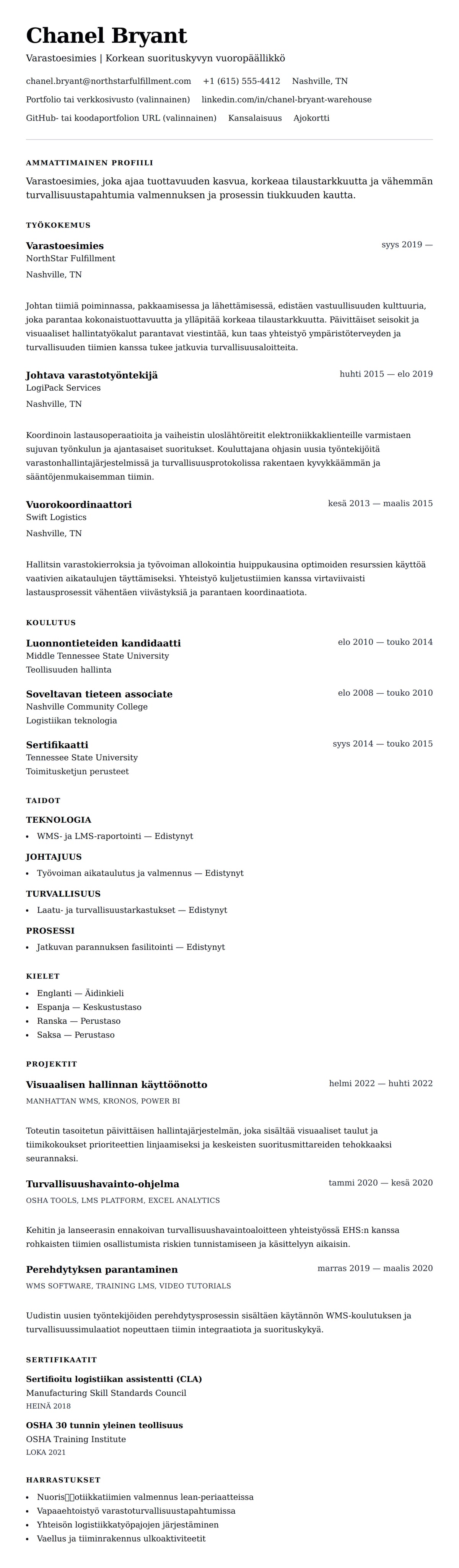 Ansioluetteloesikatselu kohteelle Varastoesimies CV-esimerkki