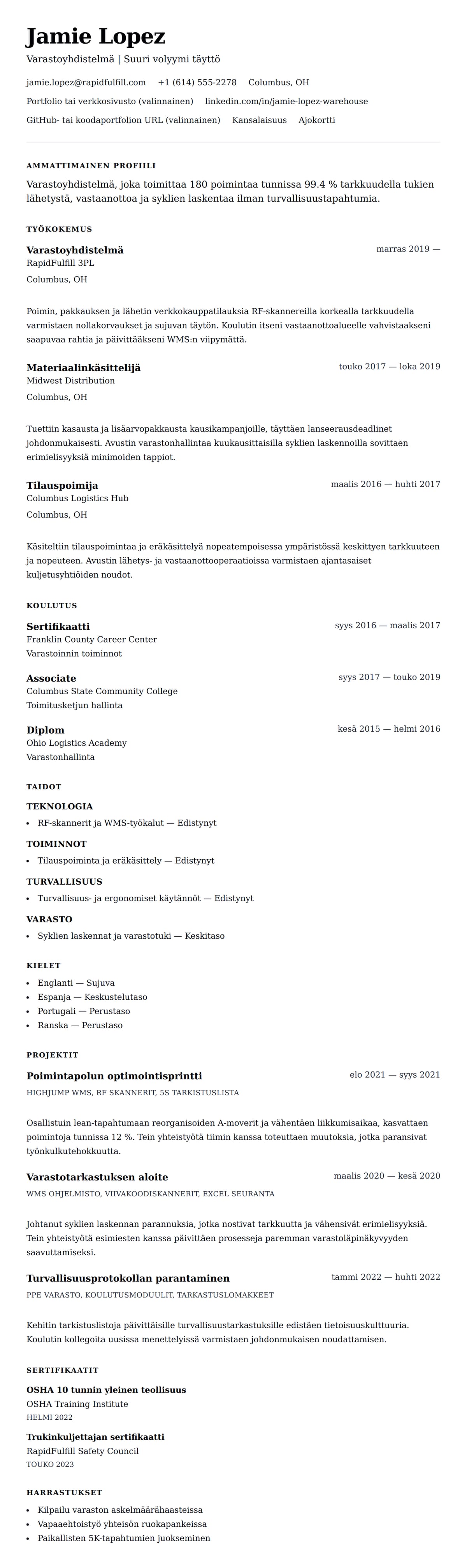 Ansioluetteloesikatselu kohteelle Varastotyöntekijän ansioluettelo esimerkki