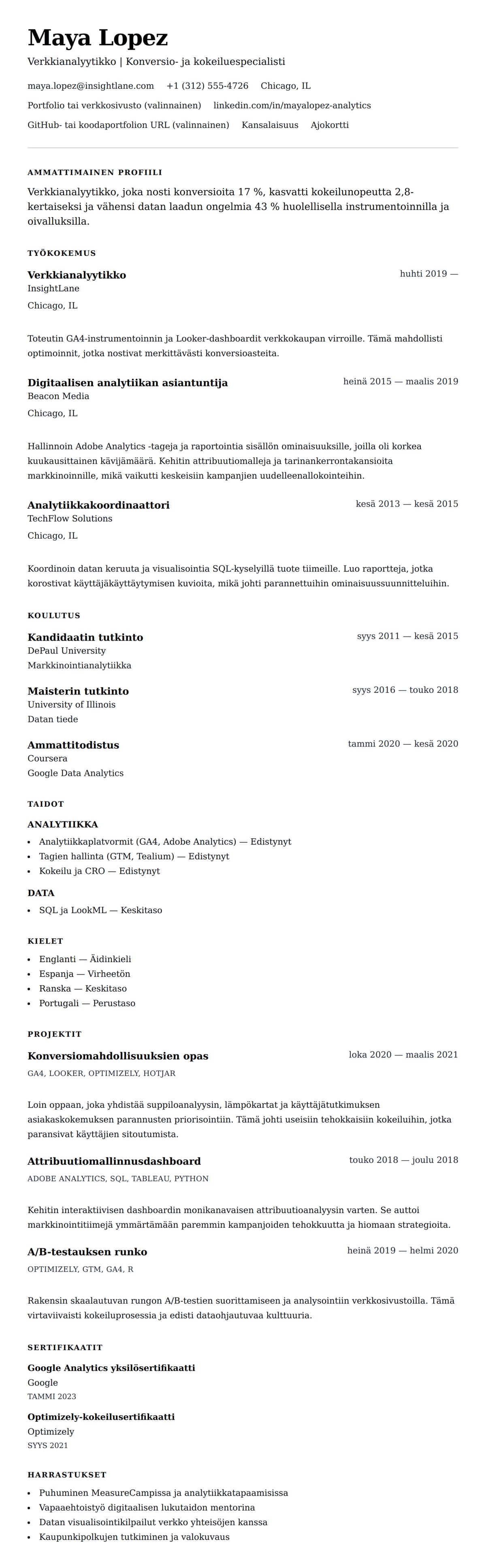 Ansioluetteloesikatselu kohteelle Verkkianalyytikon ansioluetteloesimerkki