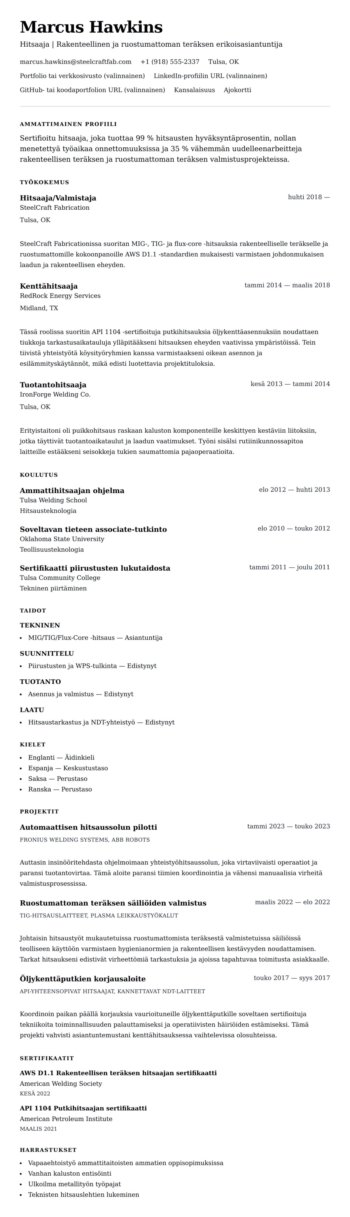 Ansioluetteloesikatselu kohteelle Esimerkki hitsaajan ansioluettelosta