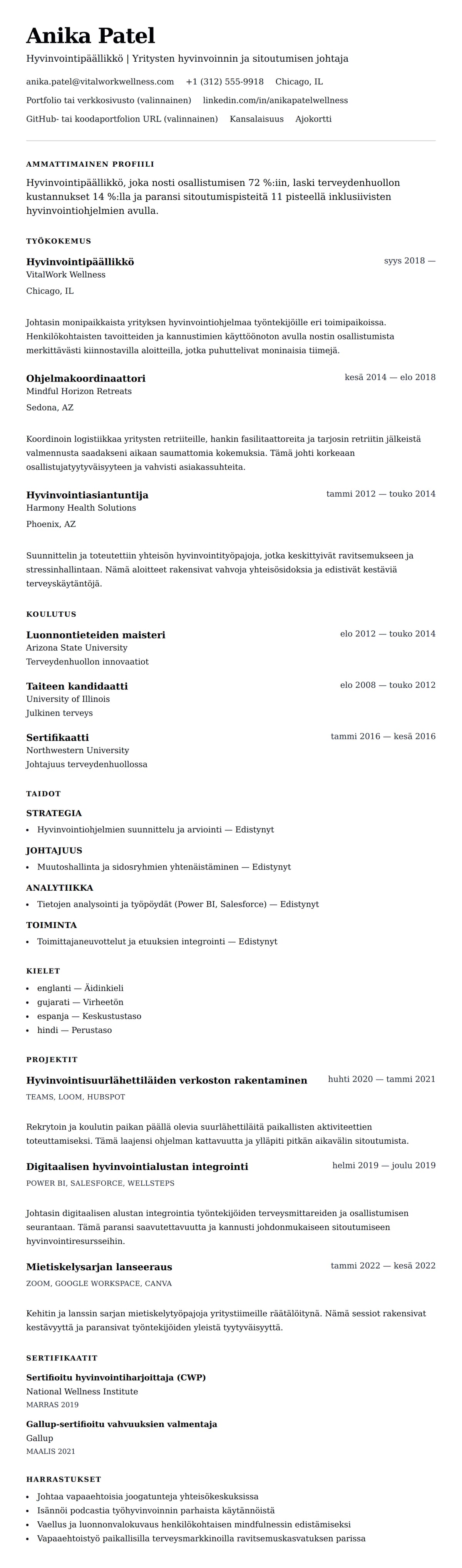 Ansioluetteloesikatselu kohteelle Hyvinvointipäällikön CV-esimerkki