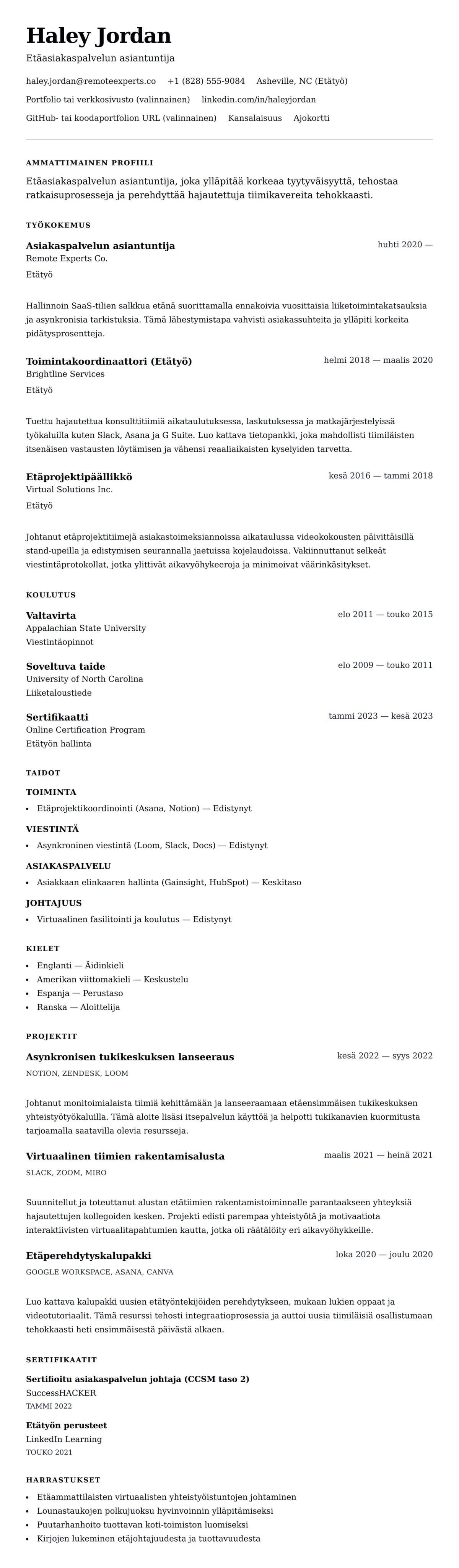 Ansioluetteloesikatselu kohteelle Etätyön ammattilaisen ansioluettelo-esimerkki