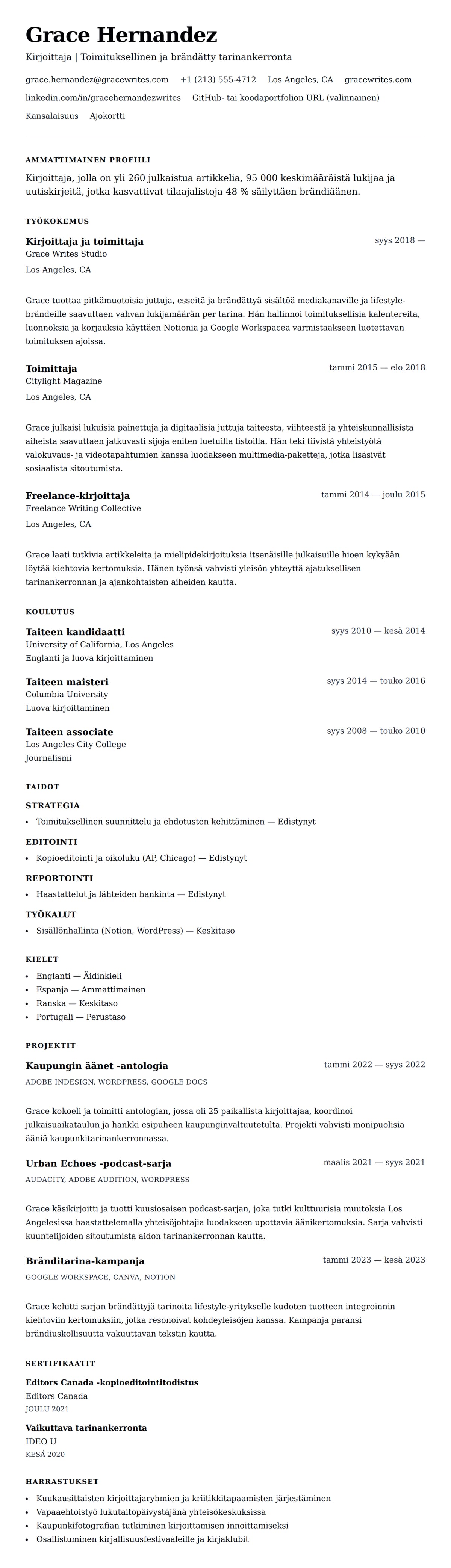 Ansioluetteloesikatselu kohteelle Kirjoittajan ansioluettelo-esimerkki