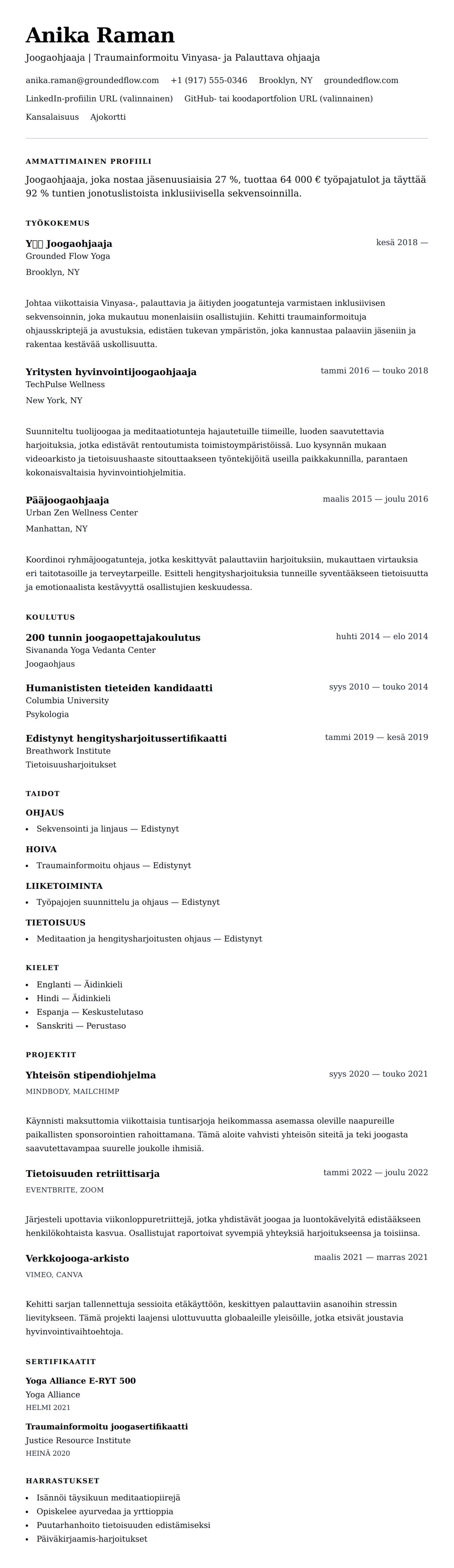 Ansioluetteloesikatselu kohteelle Joogaohjaajan ansioluettelon esimerkki