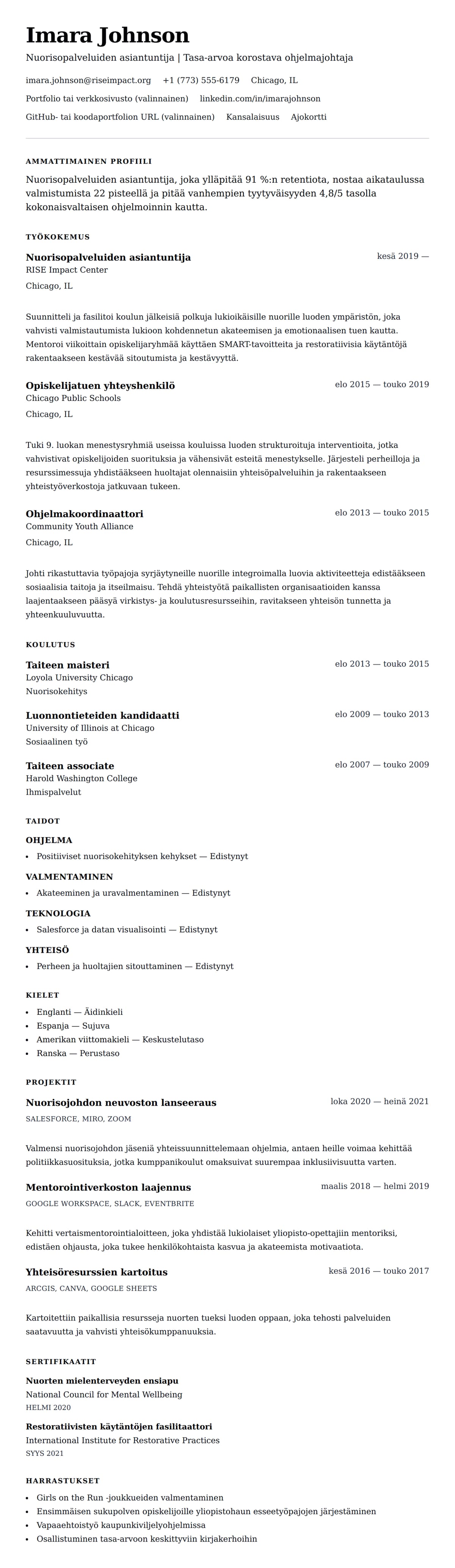 Ansioluetteloesikatselu kohteelle Nuorisopalveluiden asiantuntija CV-esimerkki