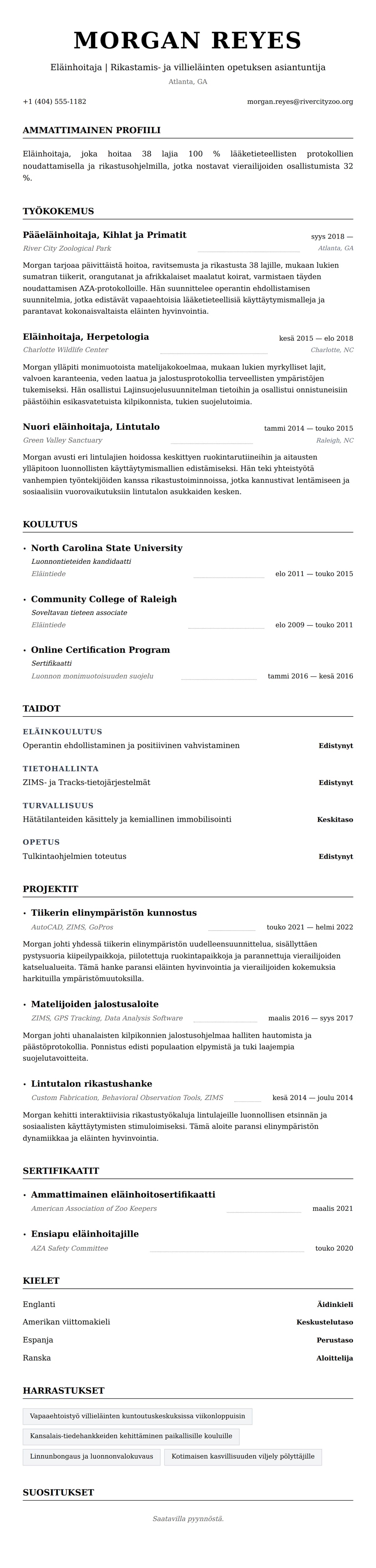 Ansioluetteloesikatselu kohteelle Eläinhoitajan ansioluettelo-esimerkki