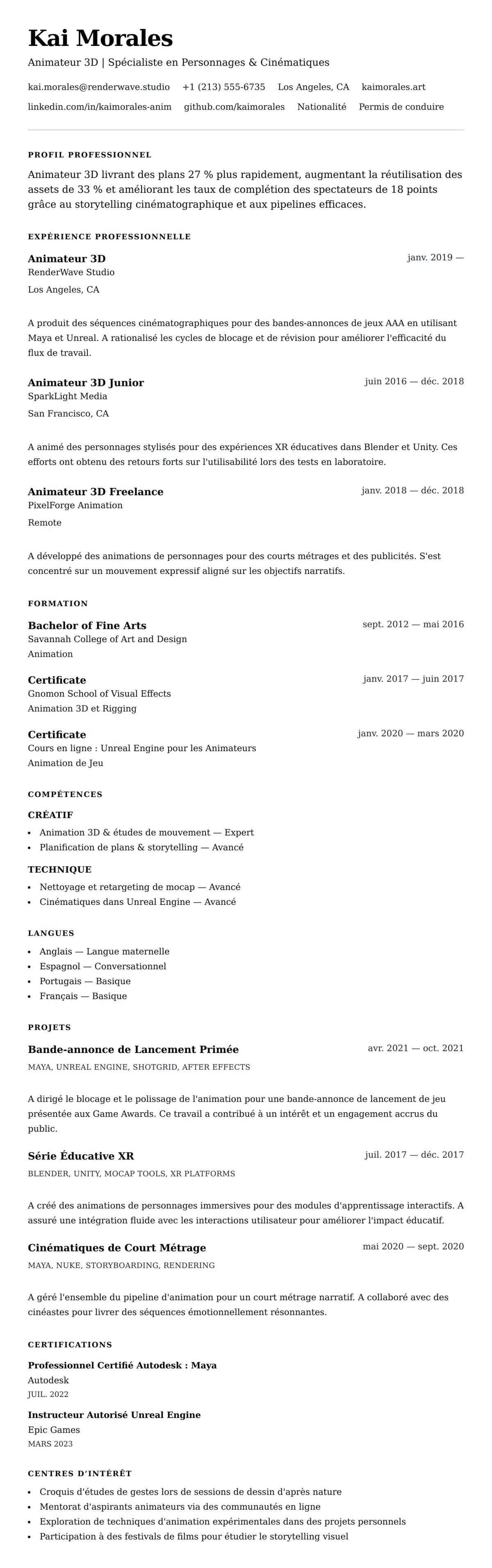 Aperçu du CV Exemple de CV d'Animateur 3D