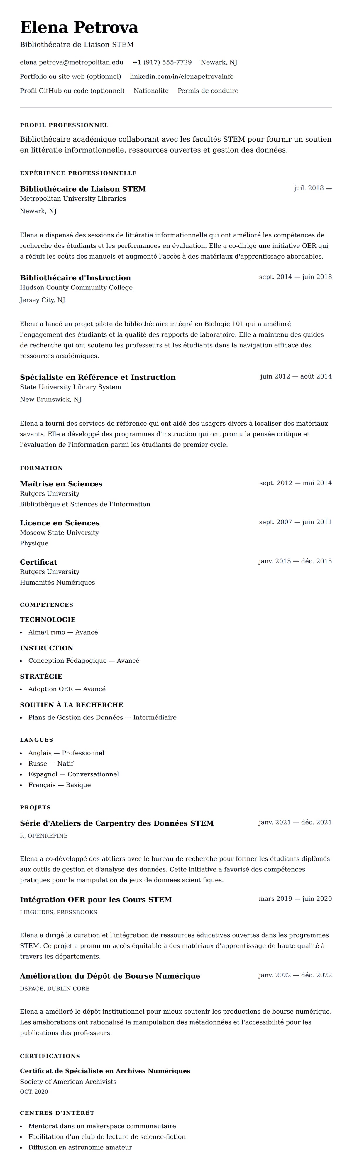 Aperçu du CV Exemple de CV de Bibliothécaire Académique