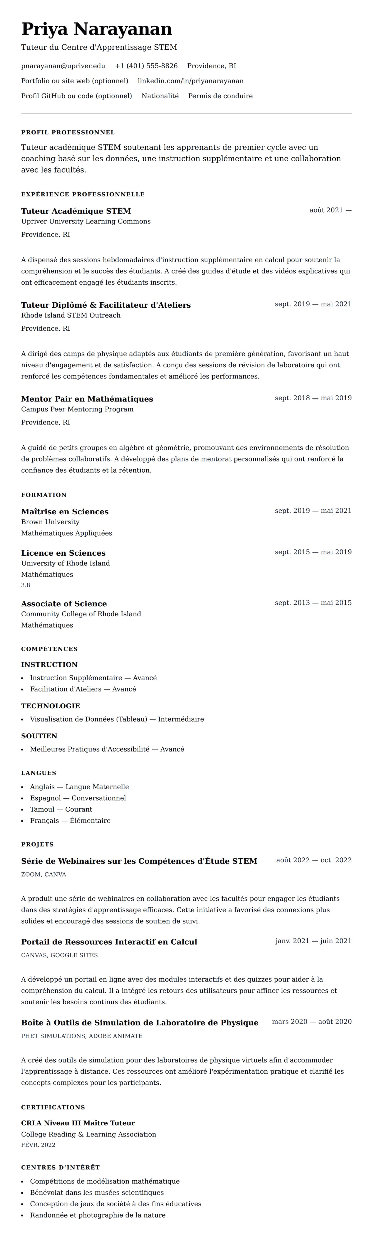 Aperçu du CV Exemple de CV de Tuteur Académique