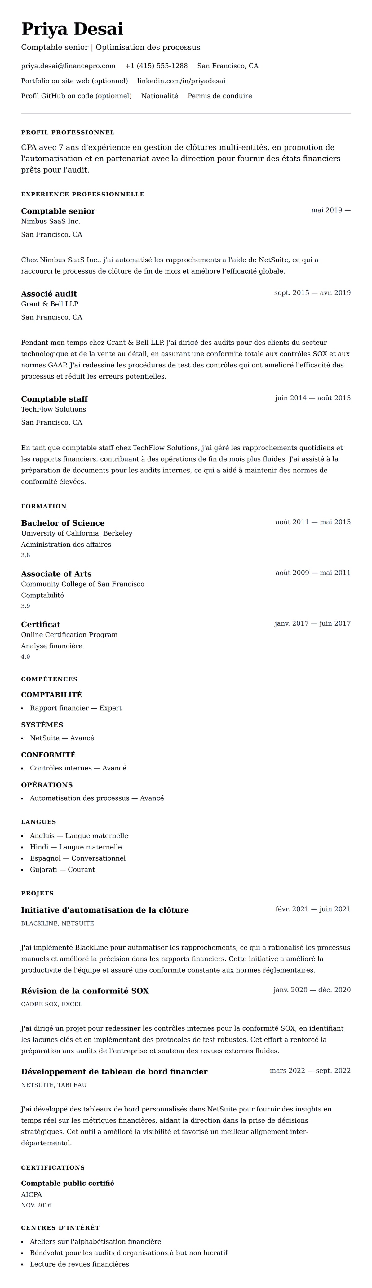 Aperçu du CV Exemple de CV de comptable