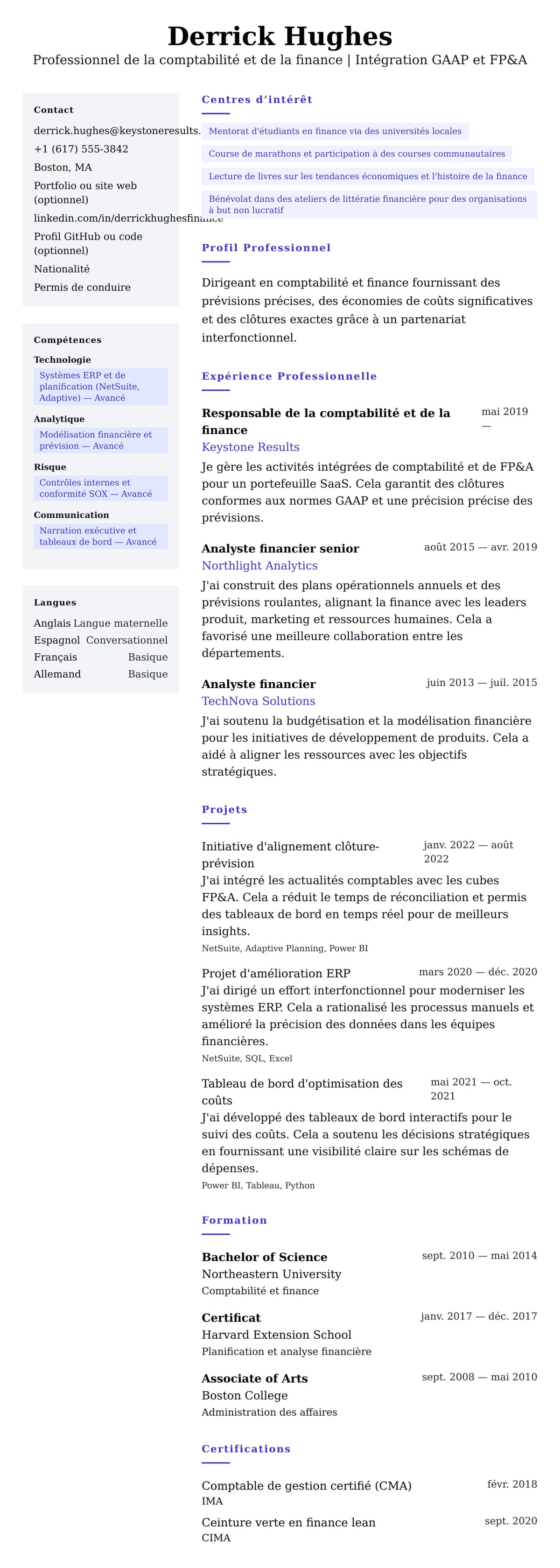 Aperçu du CV Exemple de CV de professionnel de la comptabilité et de la finance
